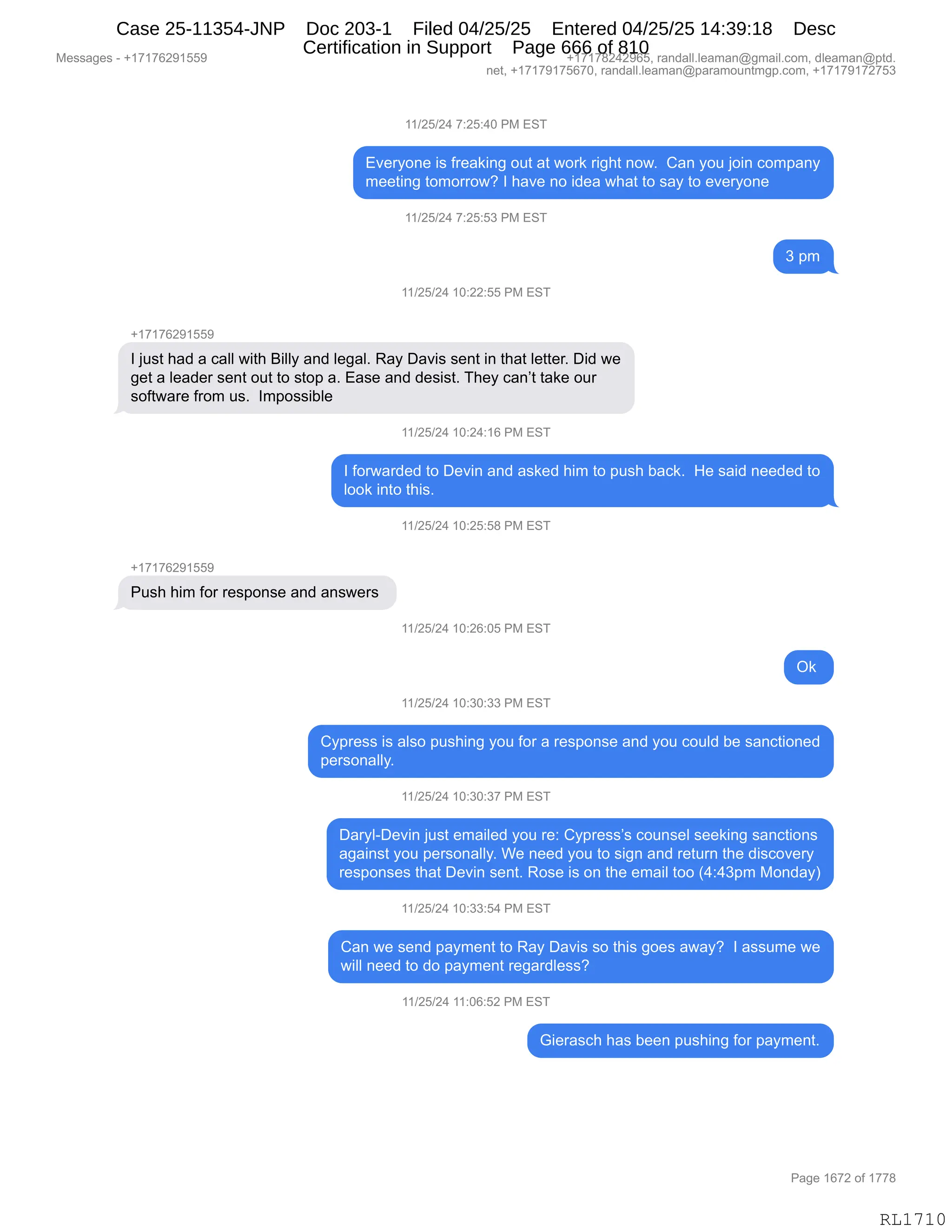 Daryl Heller Bankruptcy Court Filing (text messages and transcripts)