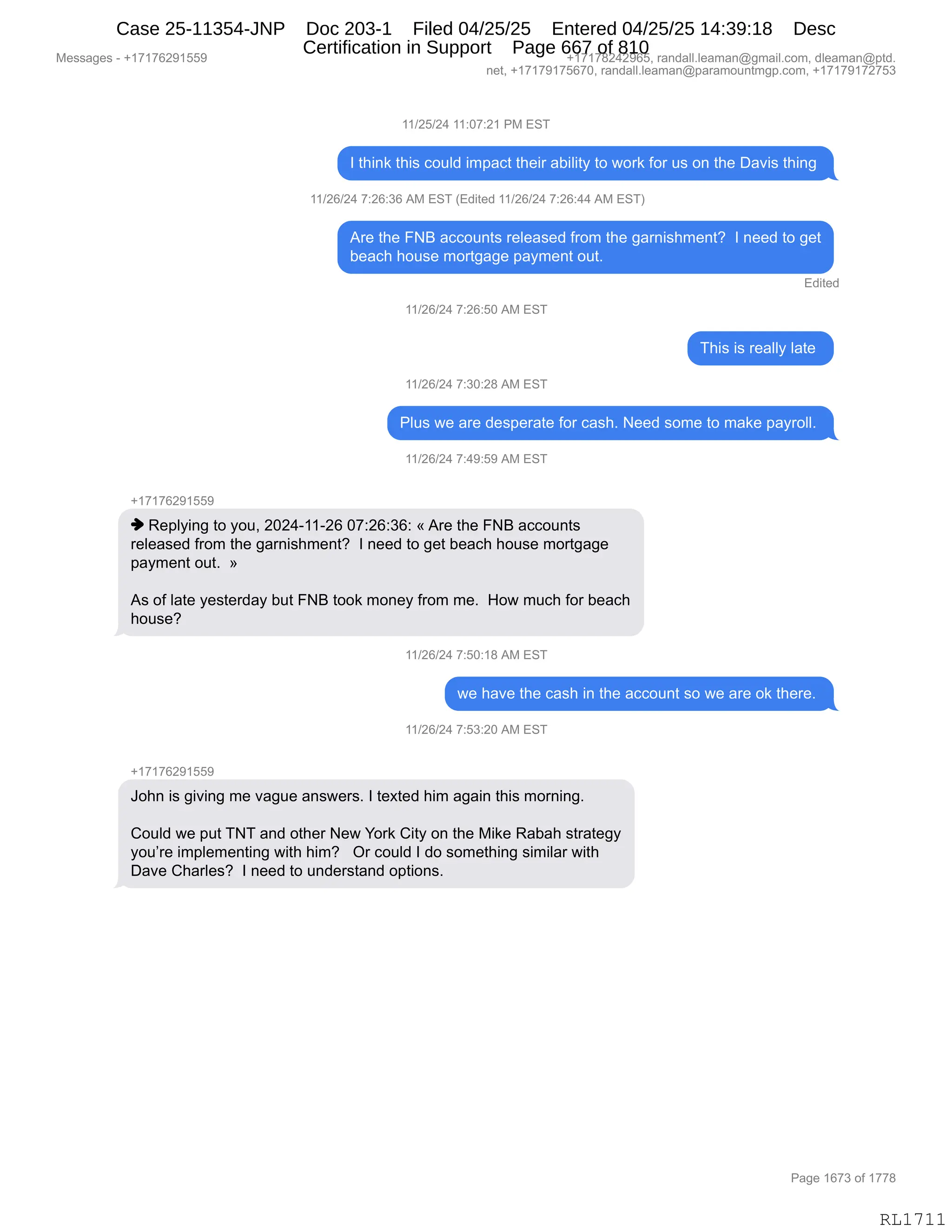 Daryl Heller Bankruptcy Court Filing (text messages and transcripts)