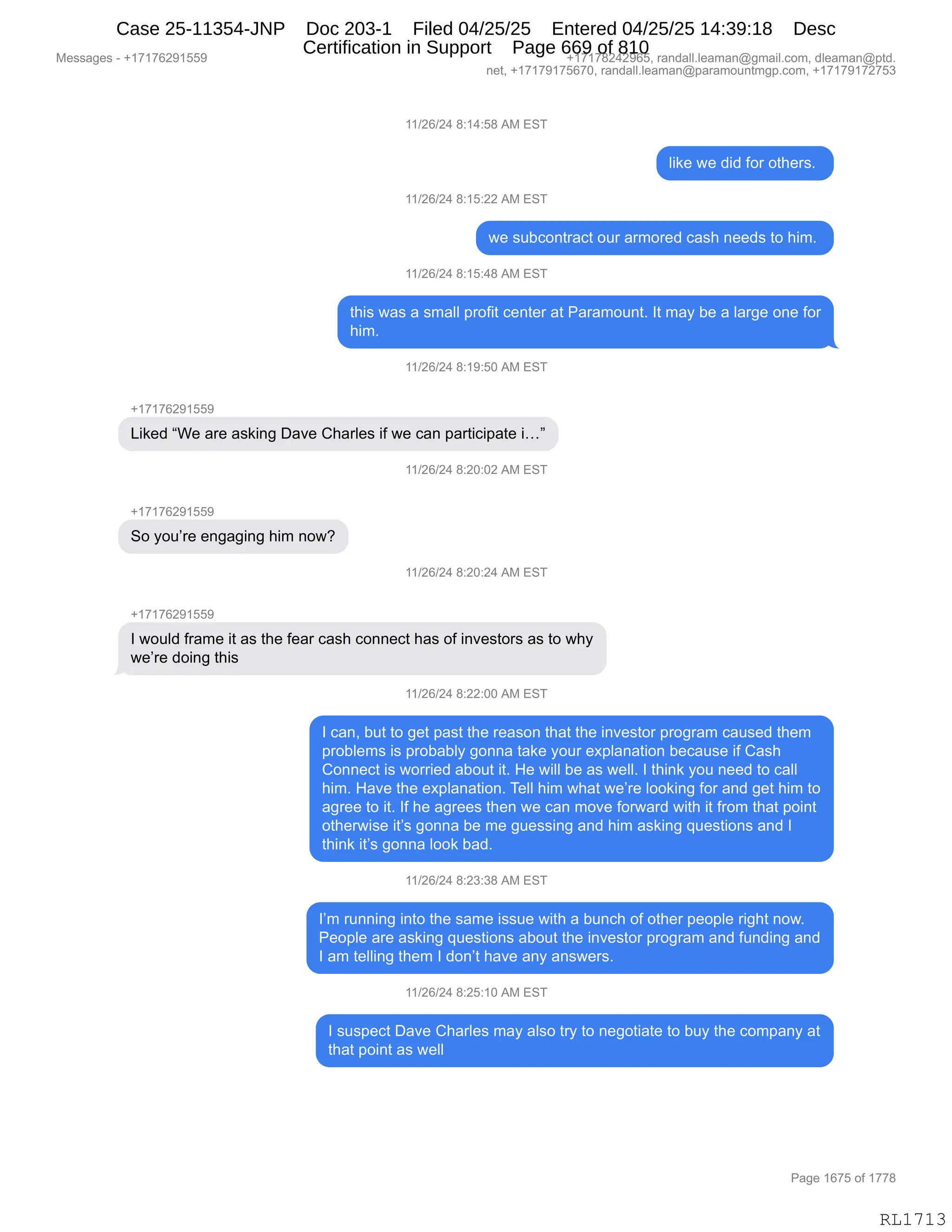 Daryl Heller Bankruptcy Court Filing (text messages and transcripts)