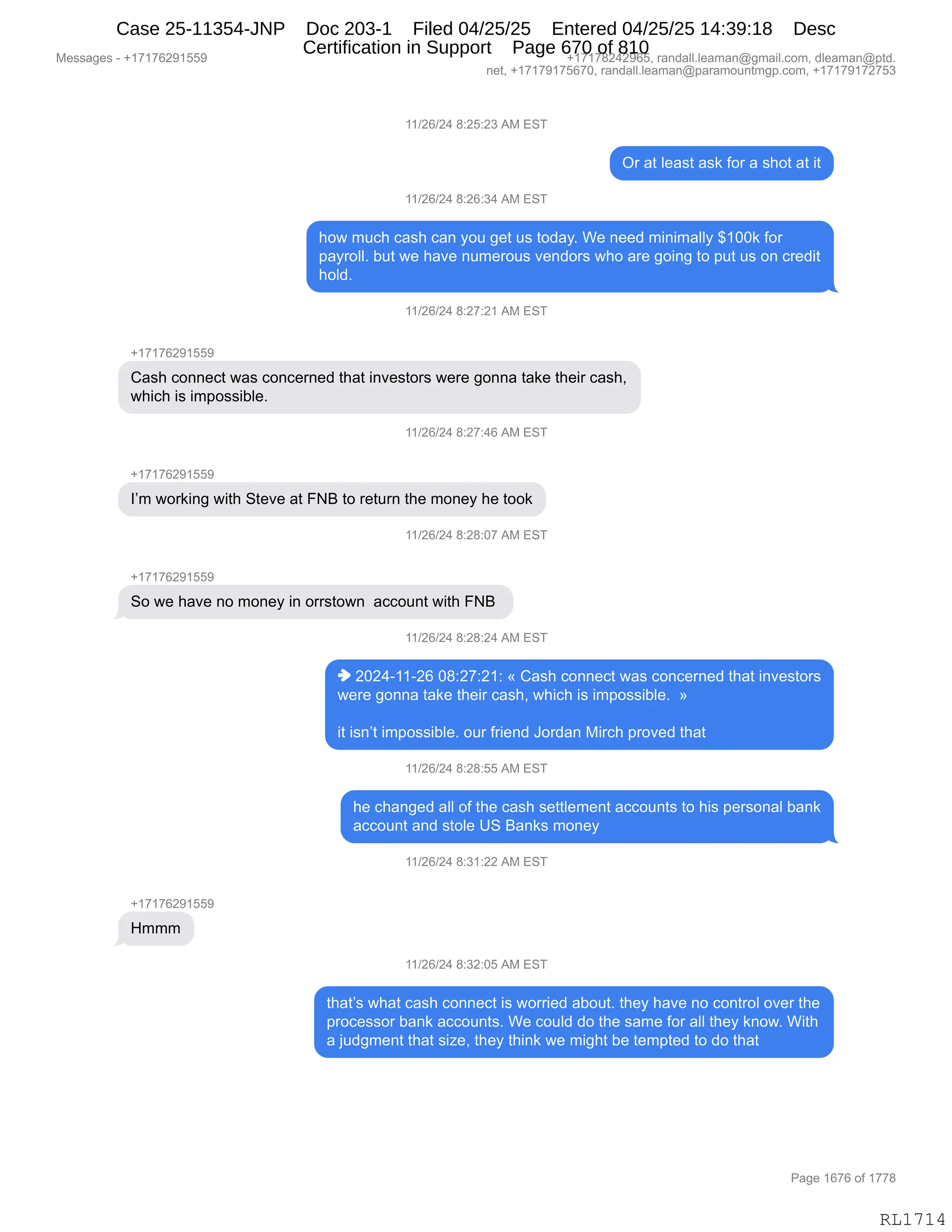 Daryl Heller Bankruptcy Court Filing (text messages and transcripts)