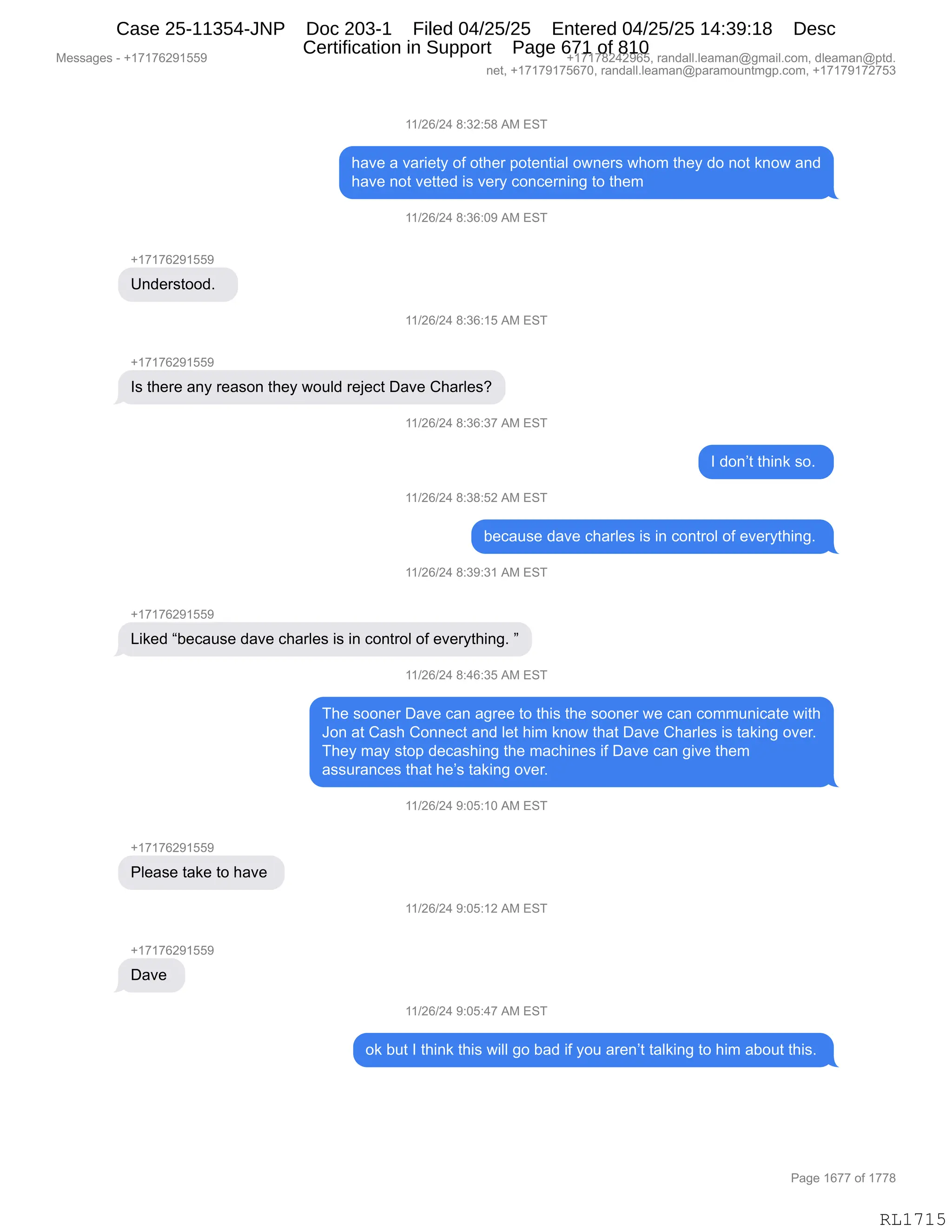 Daryl Heller Bankruptcy Court Filing (text messages and transcripts)