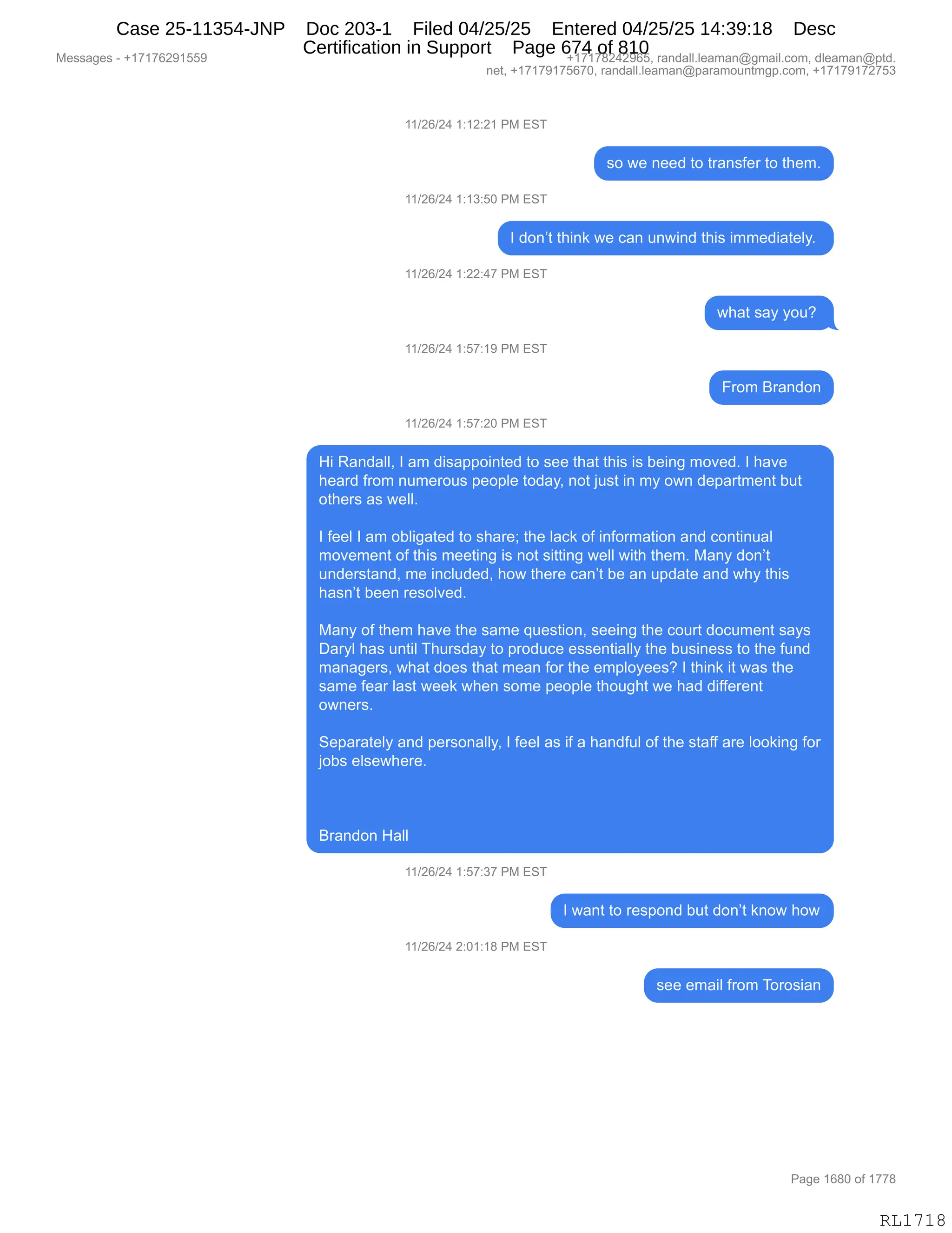 Daryl Heller Bankruptcy Court Filing (text messages and transcripts)