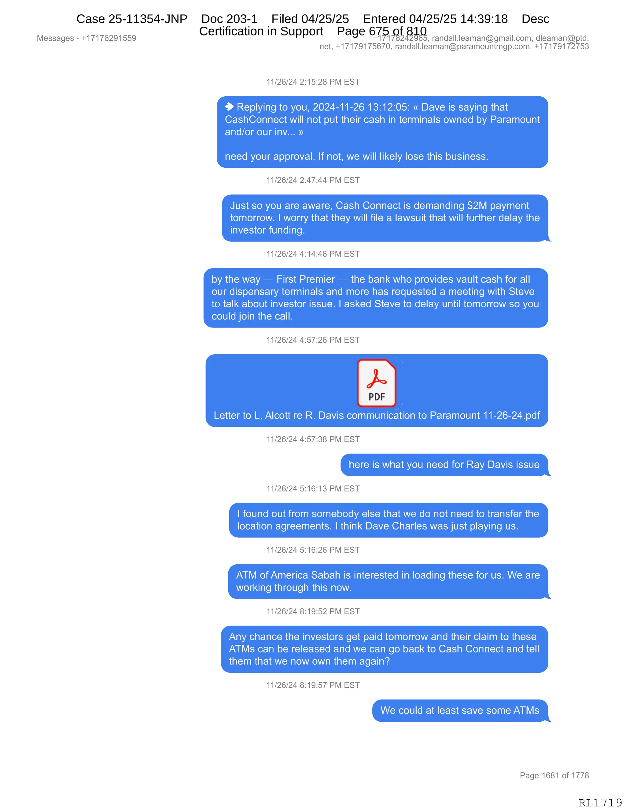 Daryl Heller Bankruptcy Court Filing (text messages and transcripts)