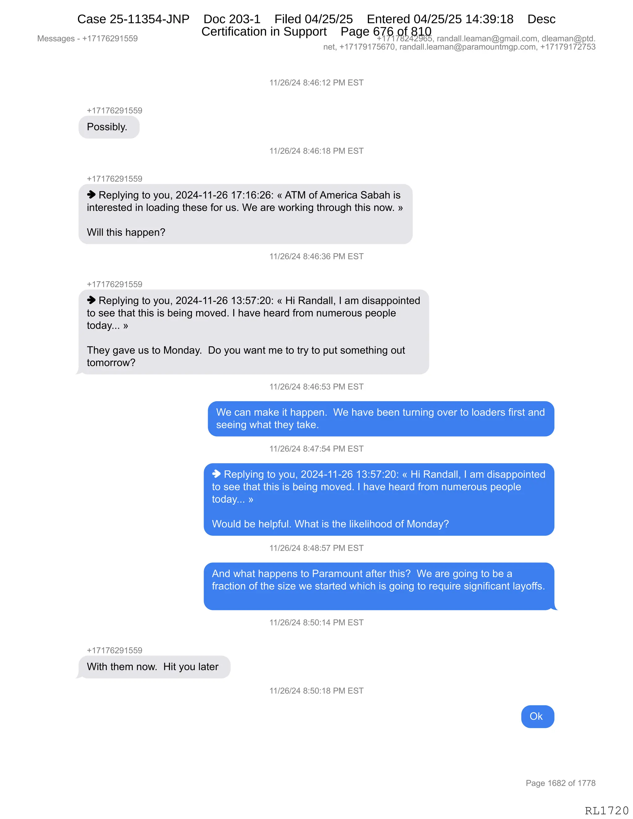 Daryl Heller Bankruptcy Court Filing (text messages and transcripts)