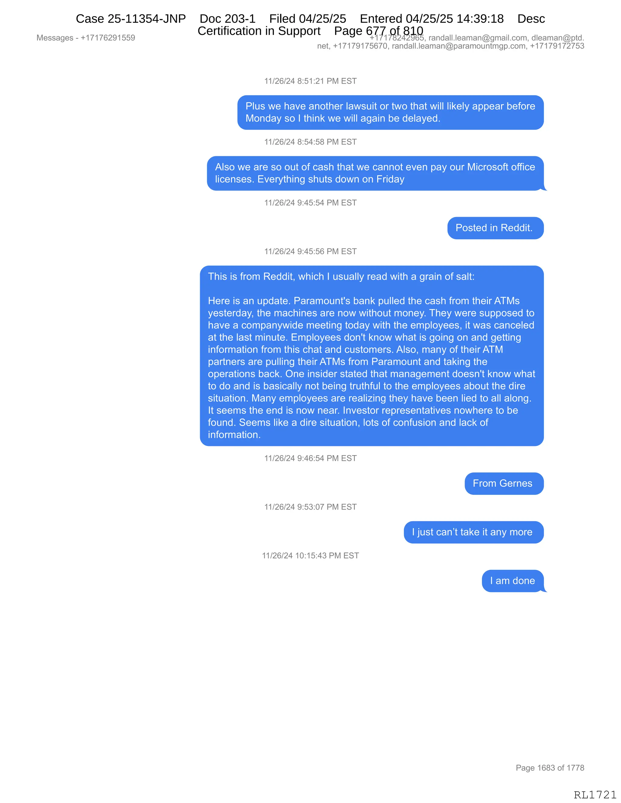 Daryl Heller Bankruptcy Court Filing (text messages and transcripts)