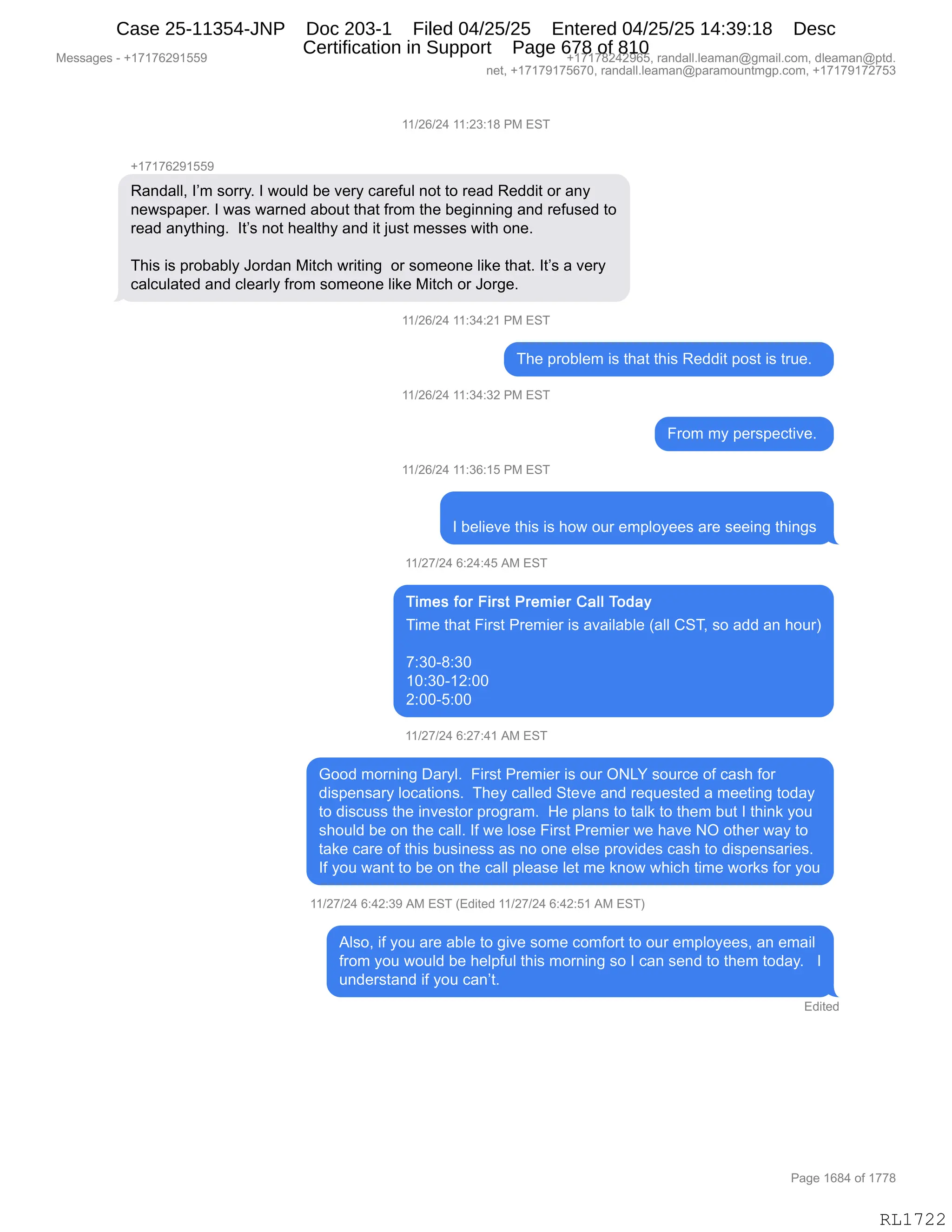 Daryl Heller Bankruptcy Court Filing (text messages and transcripts)