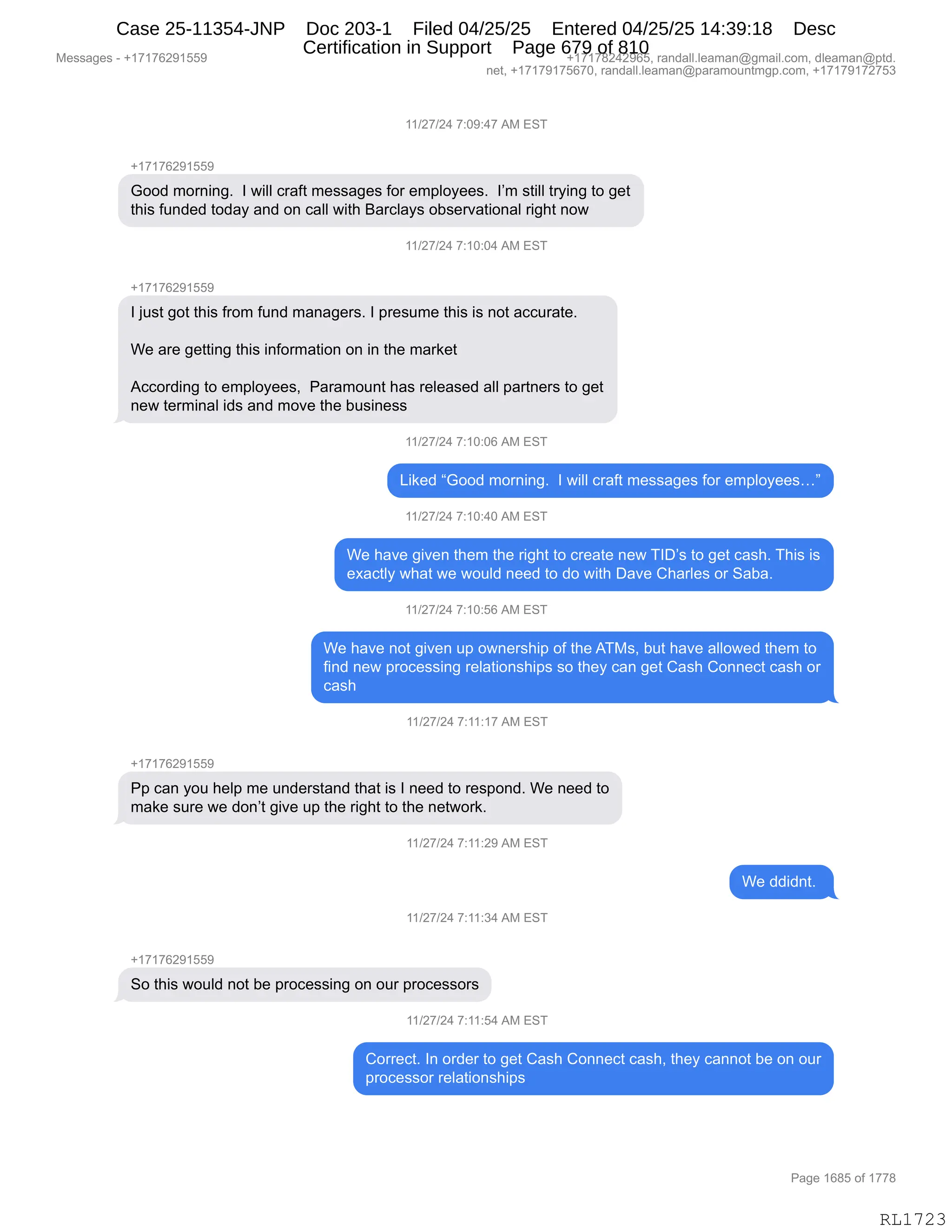 Daryl Heller Bankruptcy Court Filing (text messages and transcripts)