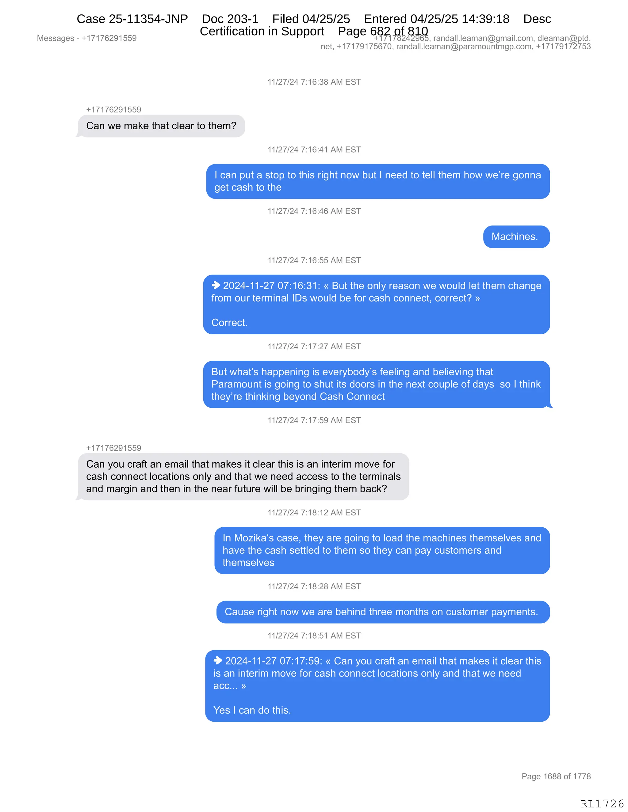 Daryl Heller Bankruptcy Court Filing (text messages and transcripts)