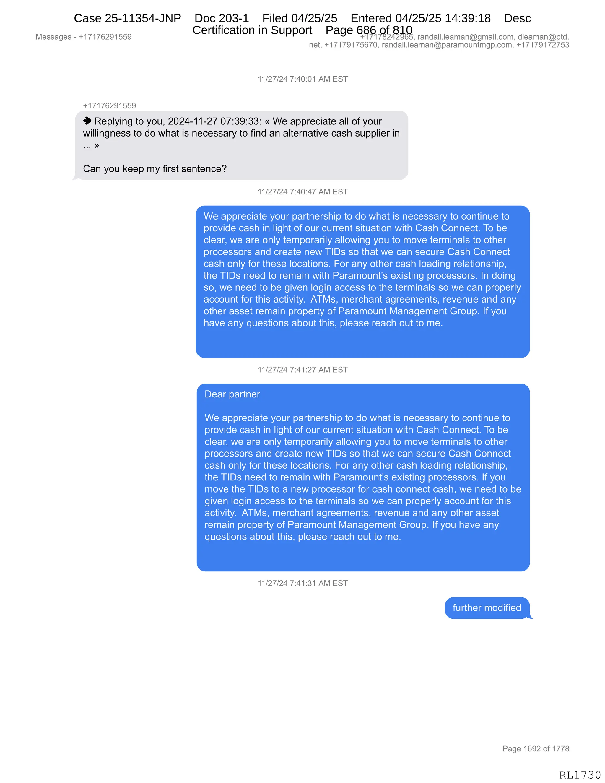 Daryl Heller Bankruptcy Court Filing (text messages and transcripts)