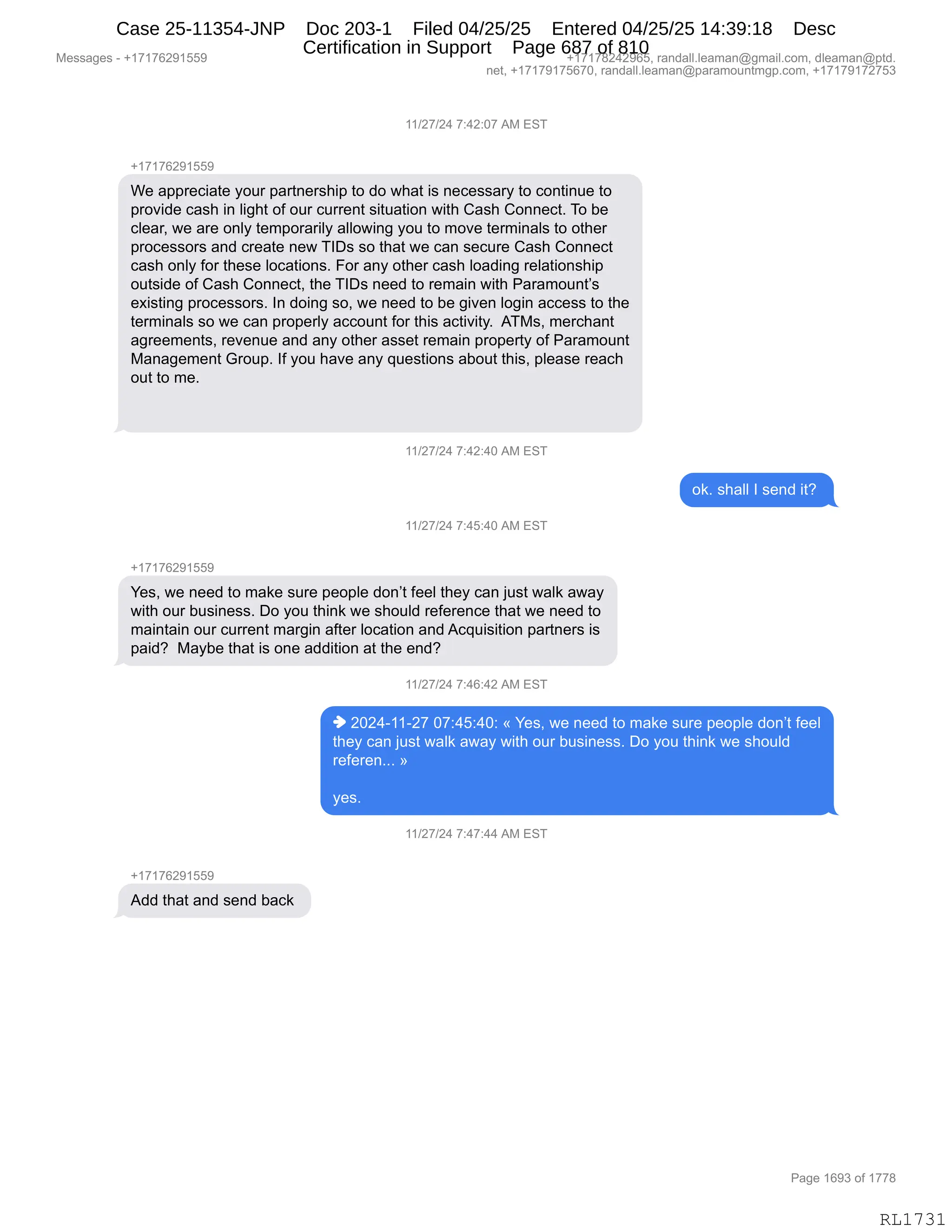 Daryl Heller Bankruptcy Court Filing (text messages and transcripts)