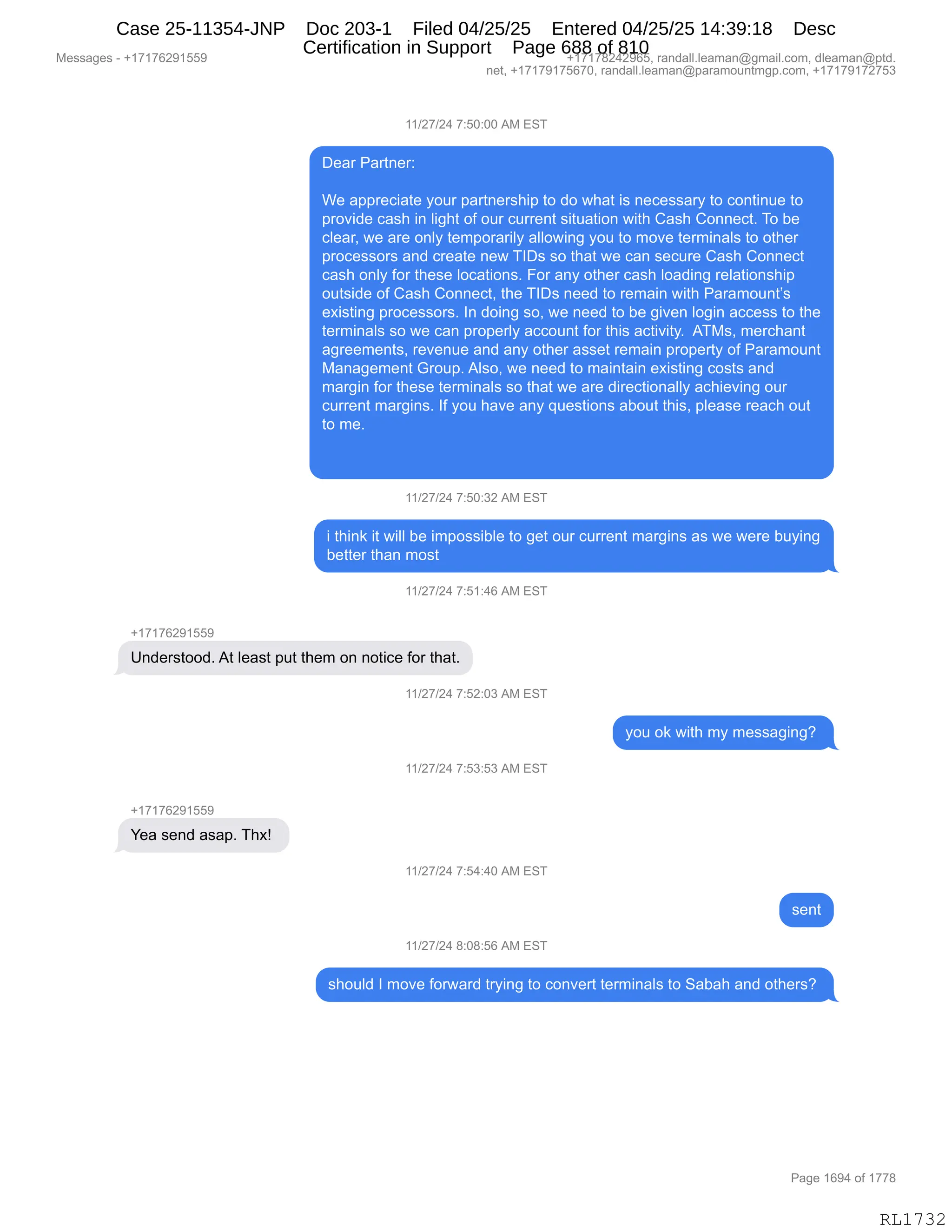 Daryl Heller Bankruptcy Court Filing (text messages and transcripts)