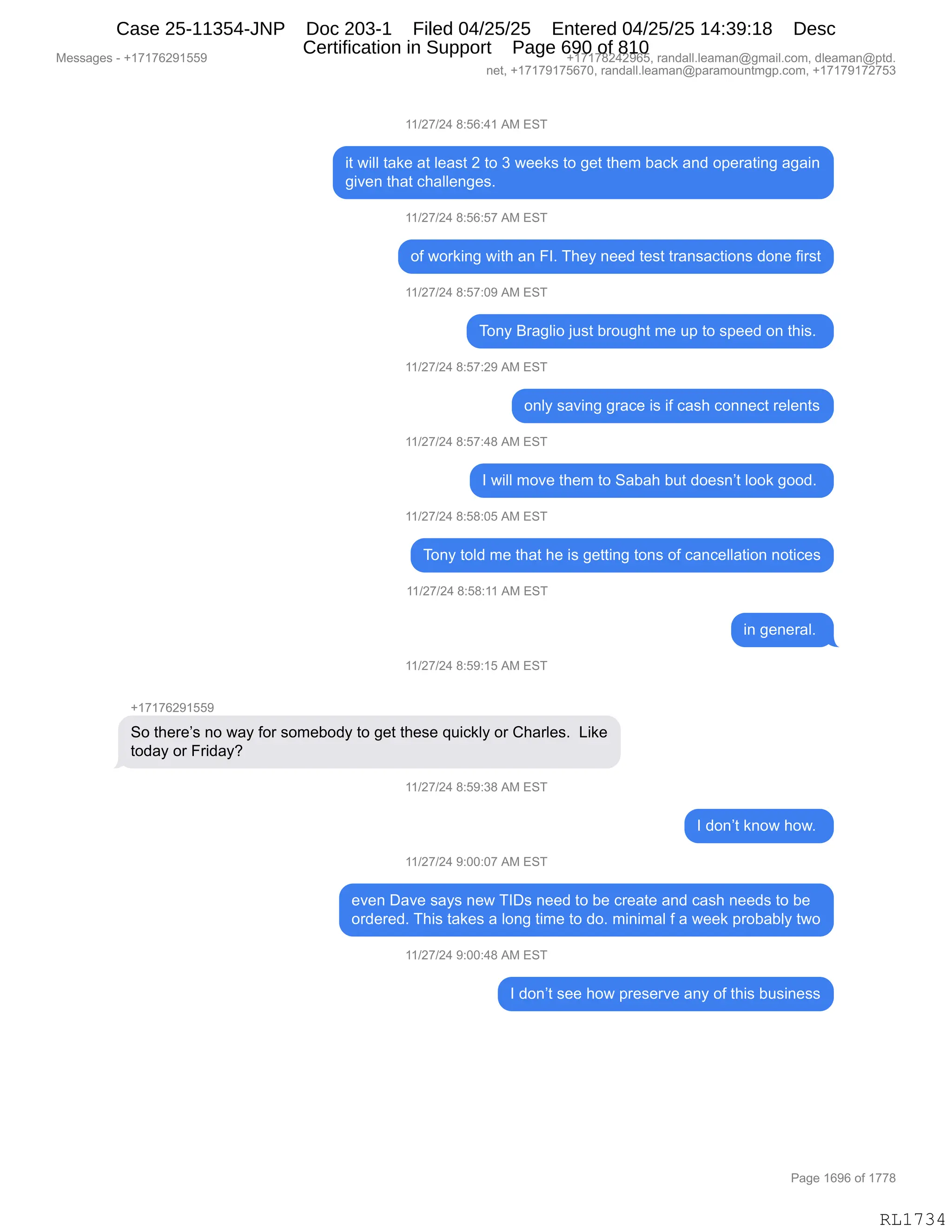 Daryl Heller Bankruptcy Court Filing (text messages and transcripts)