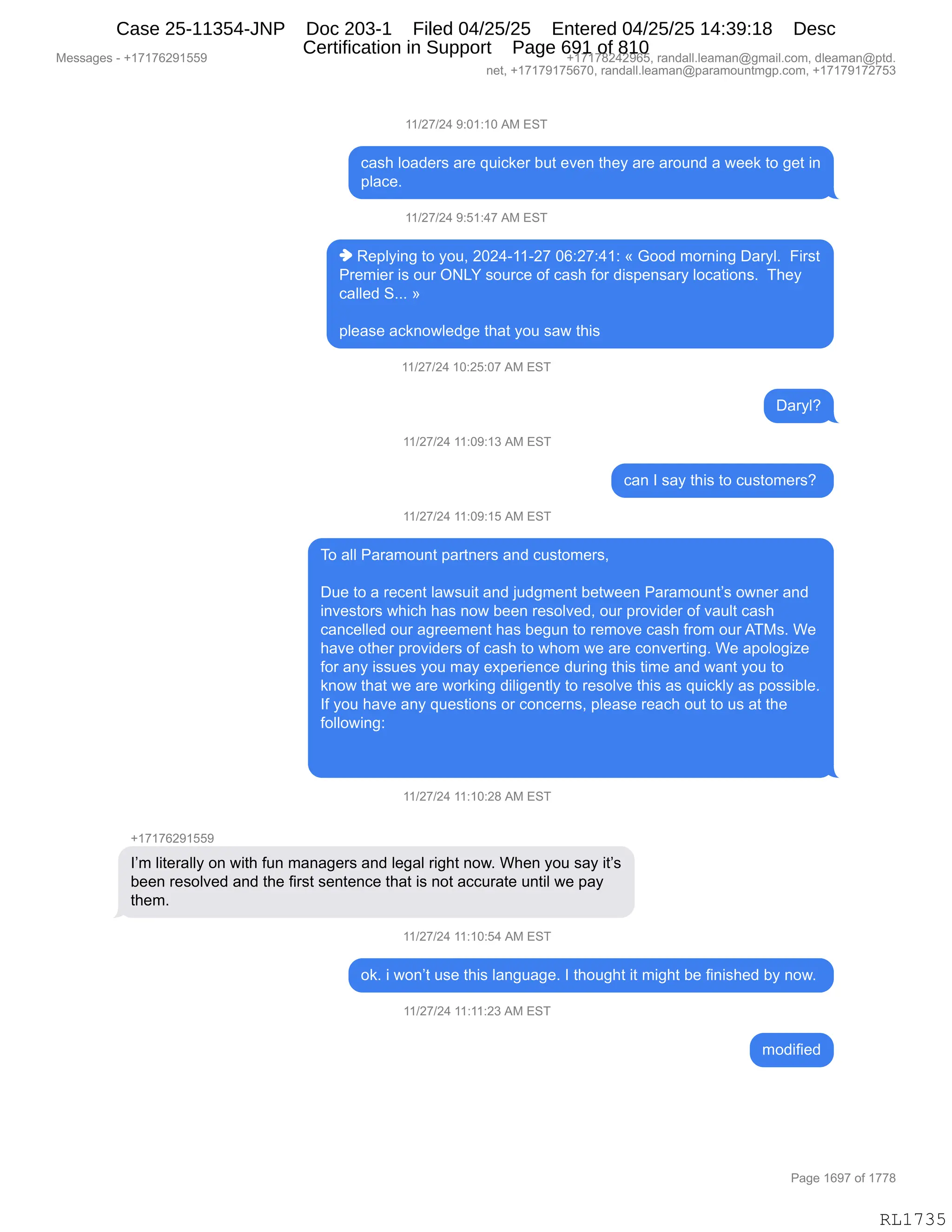 Daryl Heller Bankruptcy Court Filing (text messages and transcripts)