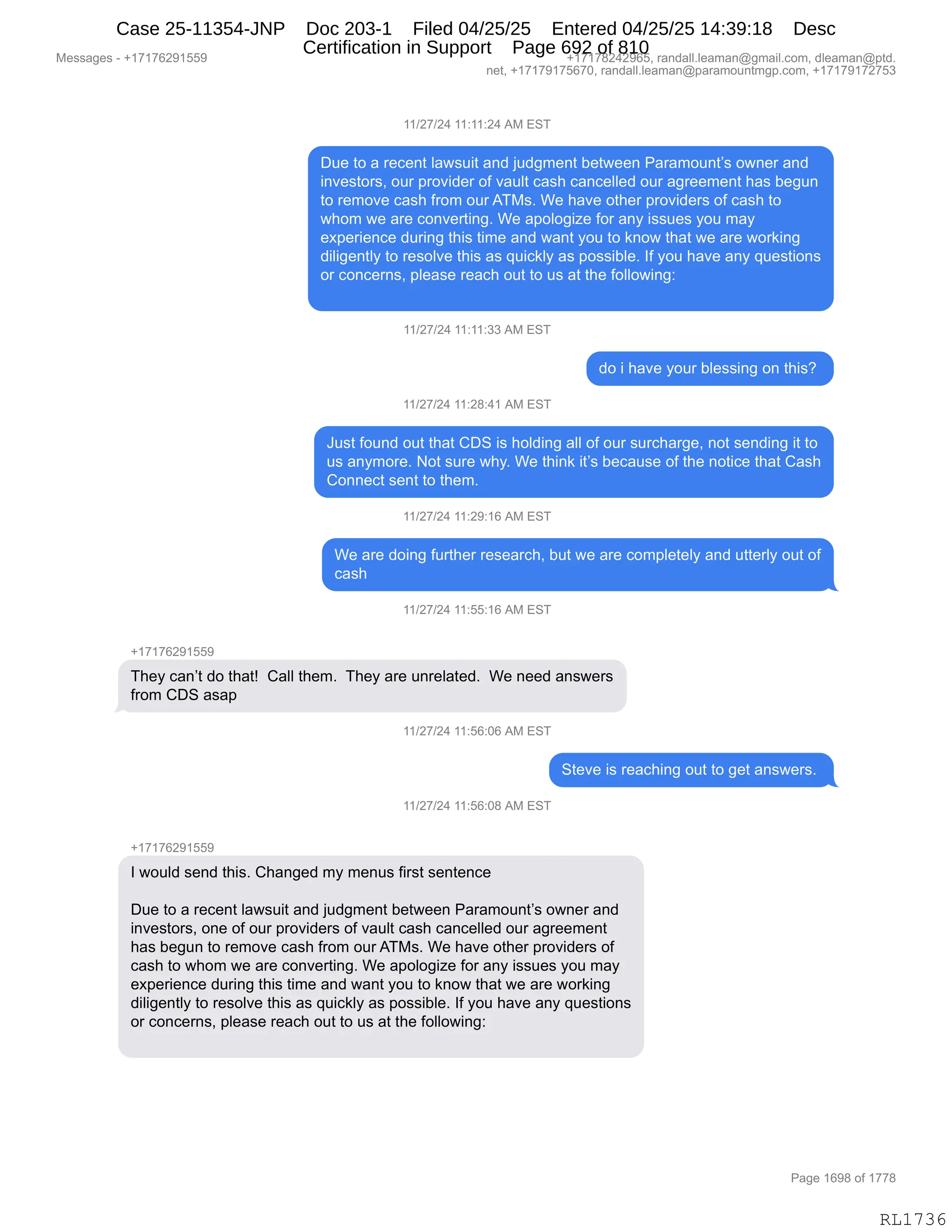 Daryl Heller Bankruptcy Court Filing (text messages and transcripts)