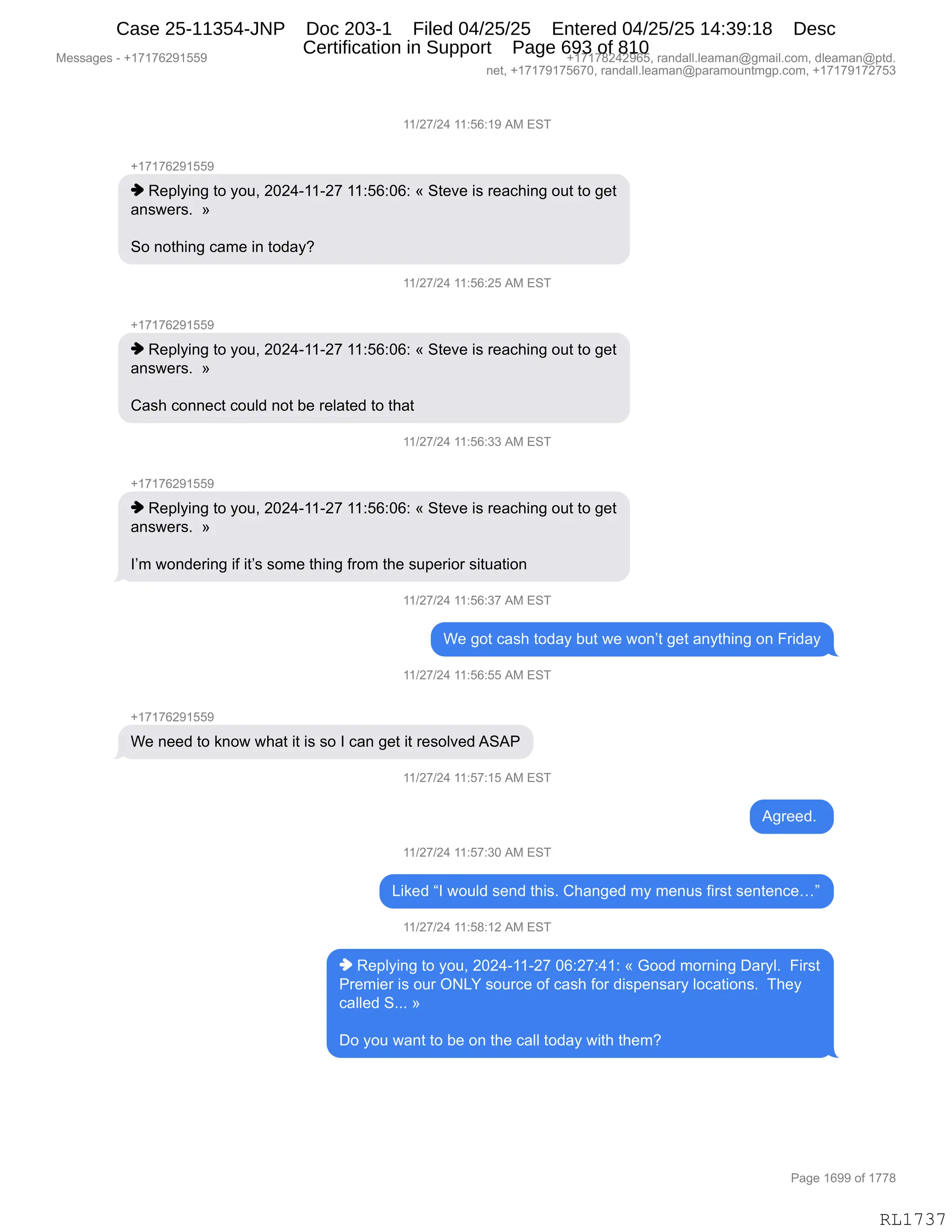 Daryl Heller Bankruptcy Court Filing (text messages and transcripts)