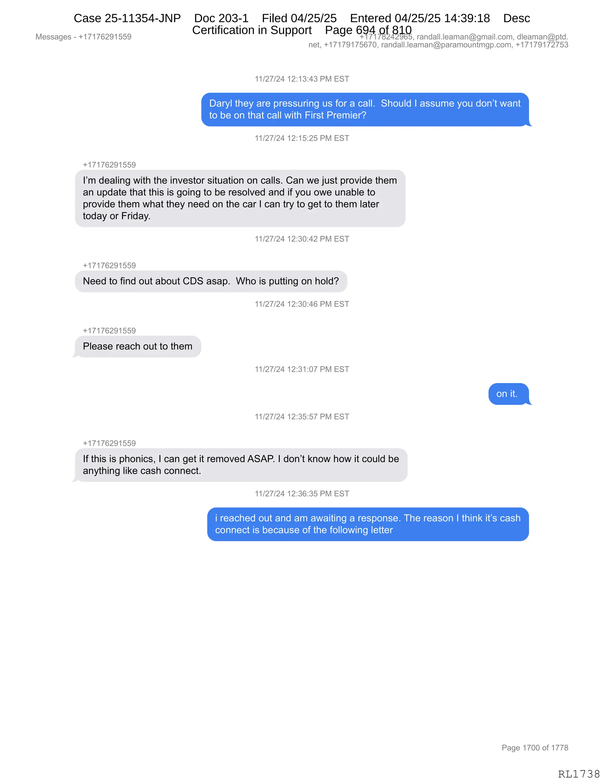 Daryl Heller Bankruptcy Court Filing (text messages and transcripts)