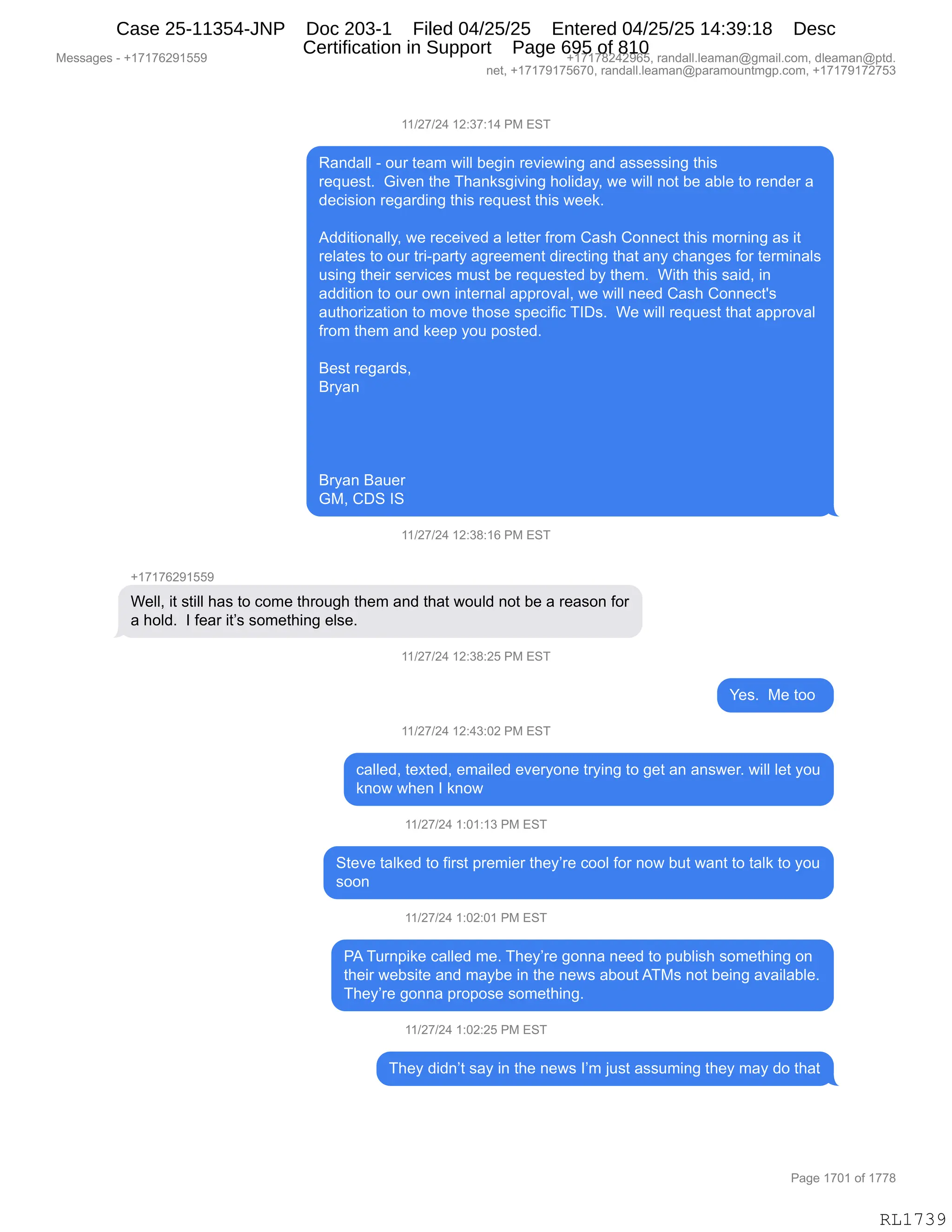 Daryl Heller Bankruptcy Court Filing (text messages and transcripts)