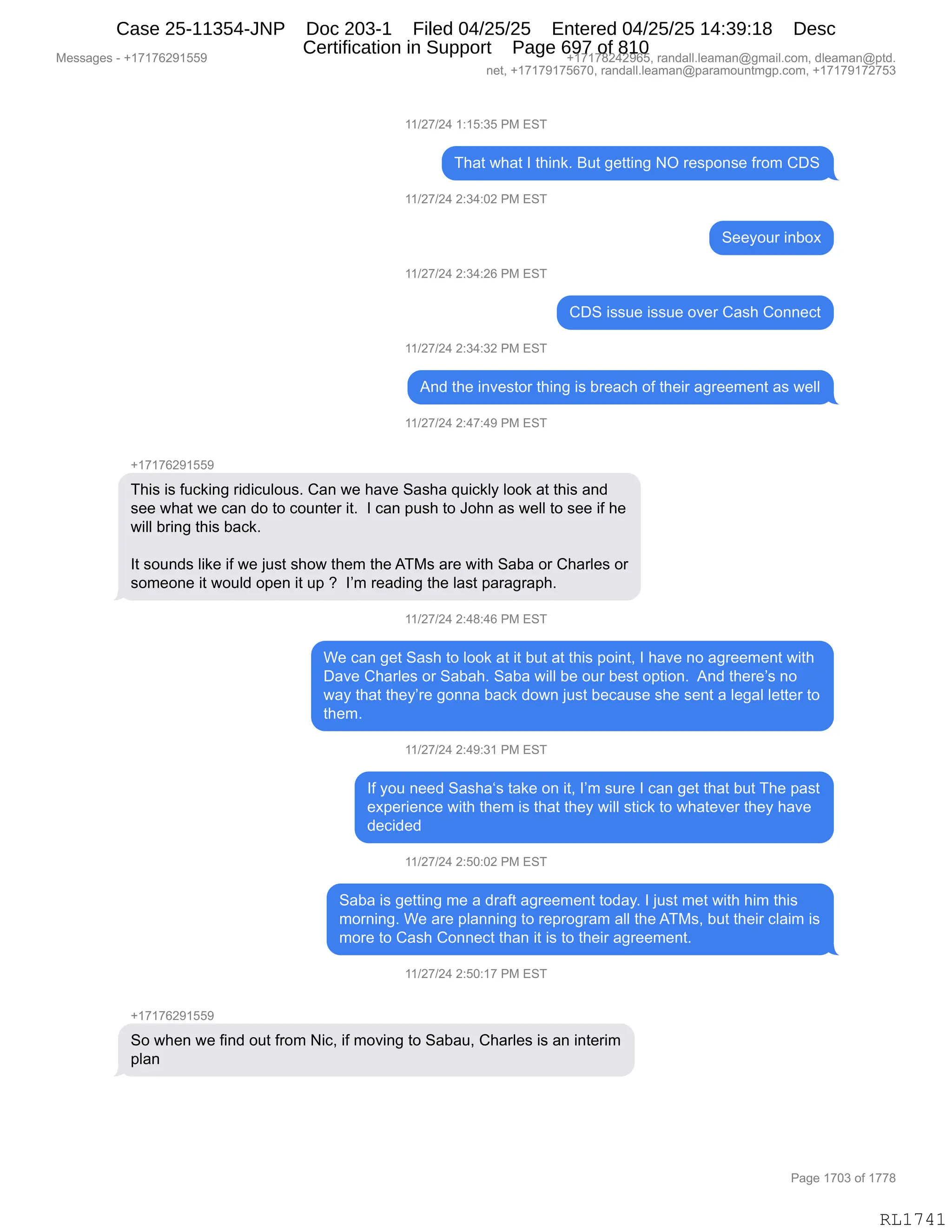 Daryl Heller Bankruptcy Court Filing (text messages and transcripts)