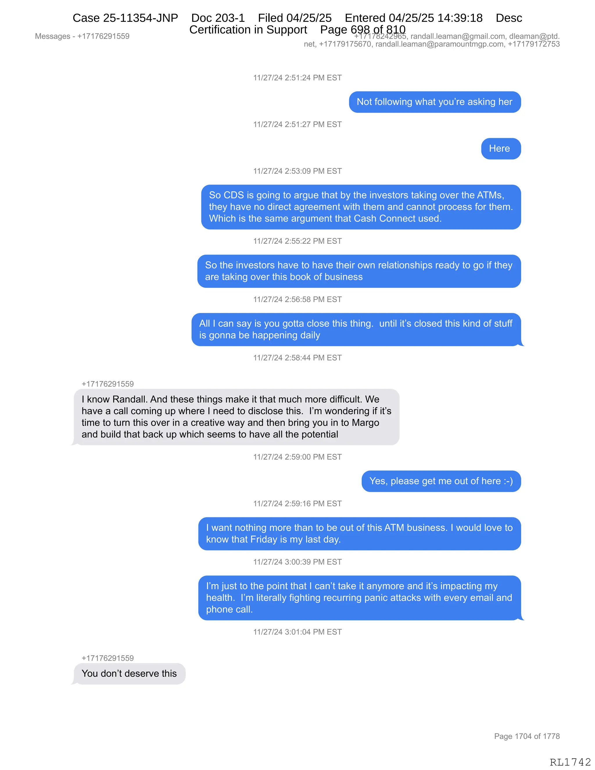 Daryl Heller Bankruptcy Court Filing (text messages and transcripts)