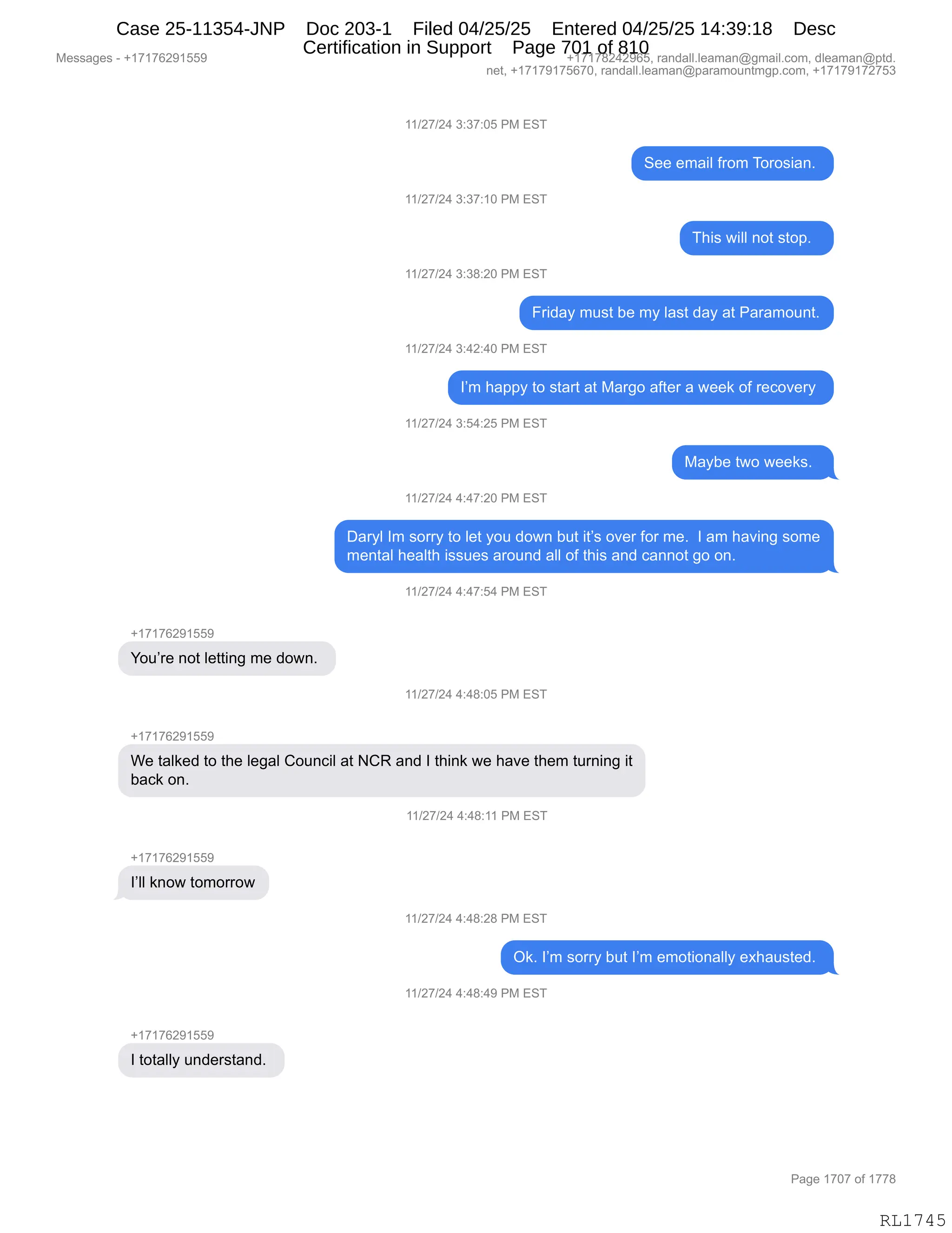 Daryl Heller Bankruptcy Court Filing (text messages and transcripts)