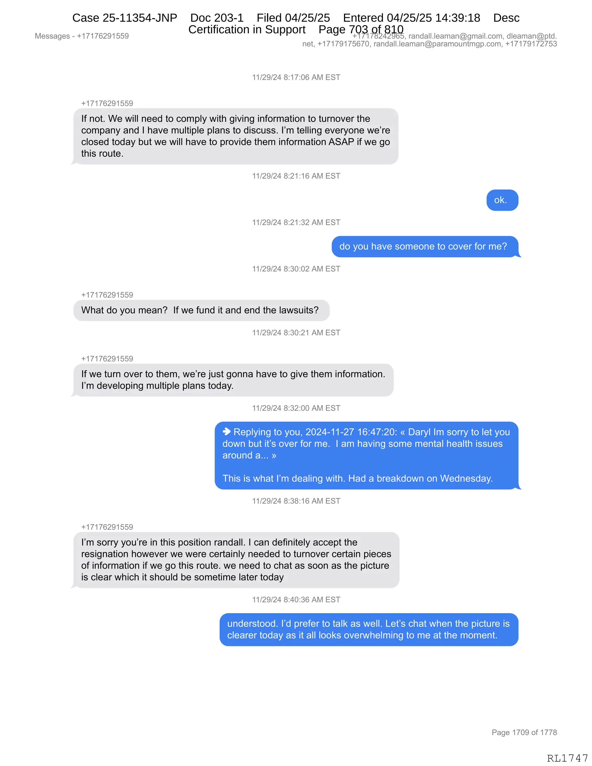 Daryl Heller Bankruptcy Court Filing (text messages and transcripts)