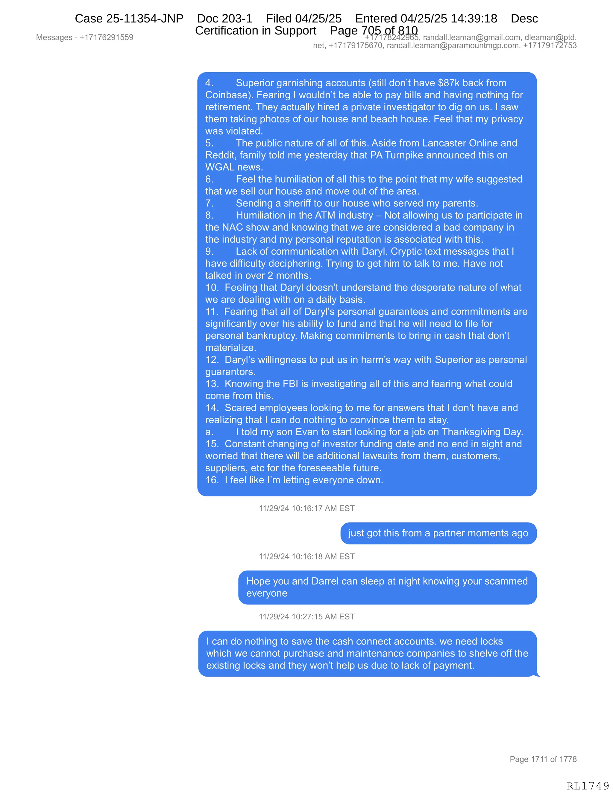 Daryl Heller Bankruptcy Court Filing (text messages and transcripts)