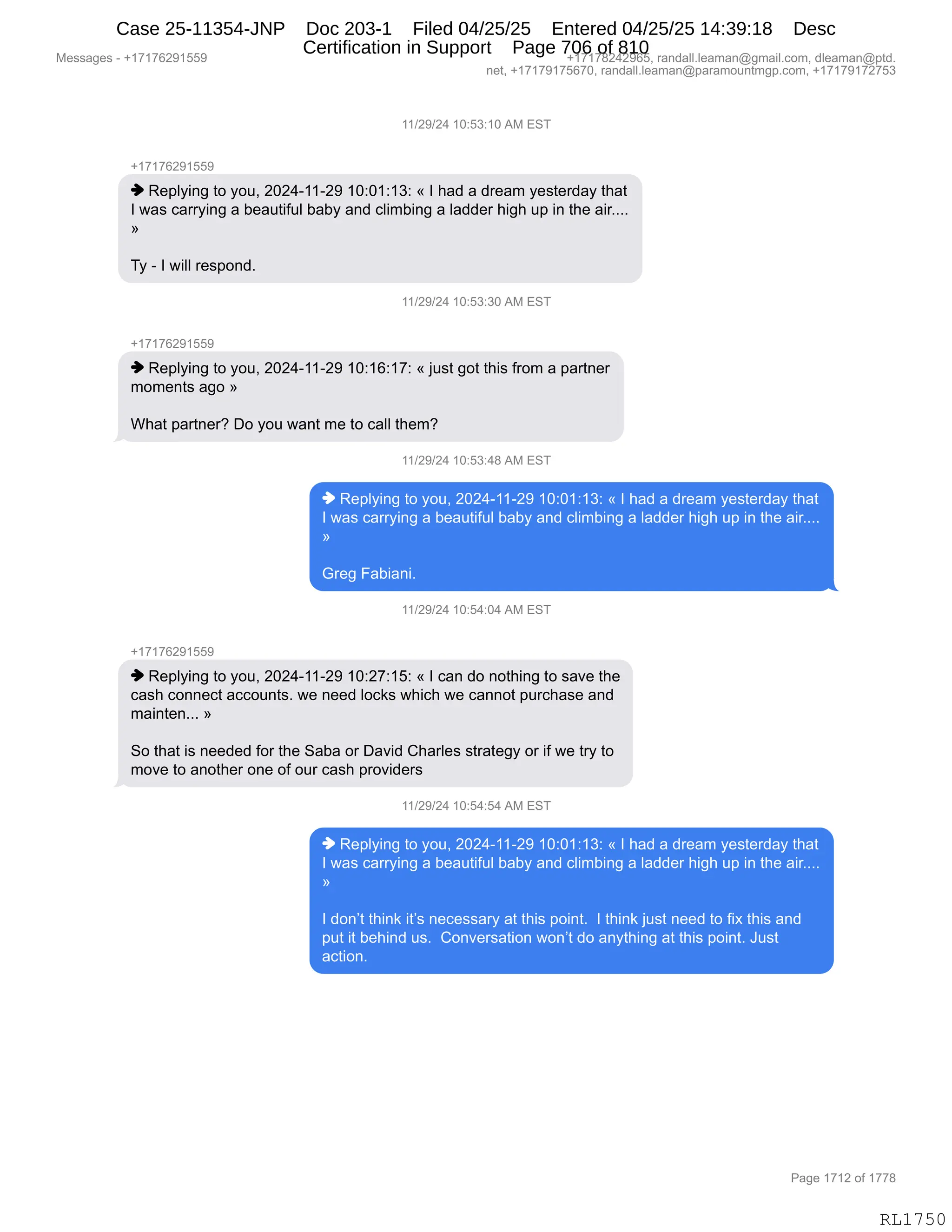 Daryl Heller Bankruptcy Court Filing (text messages and transcripts)