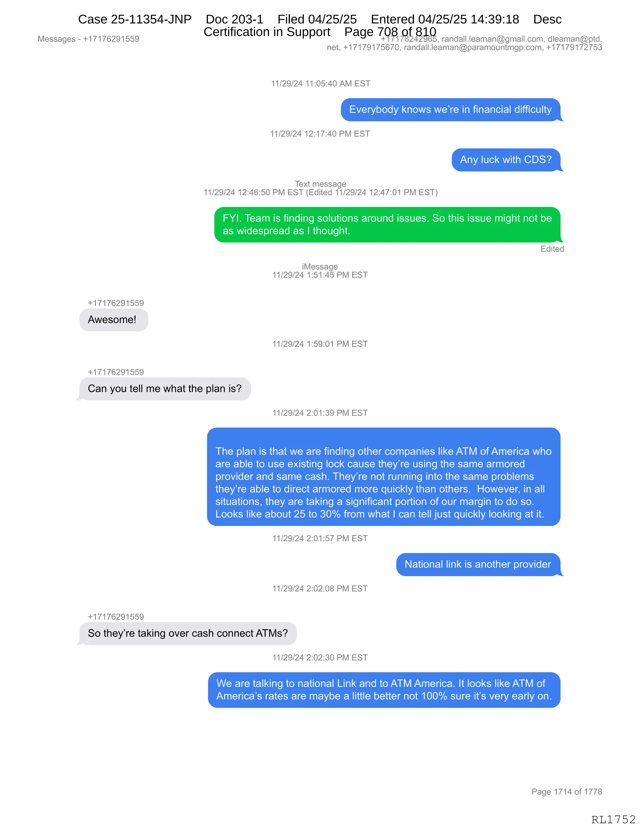 Daryl Heller Bankruptcy Court Filing (text messages and transcripts)