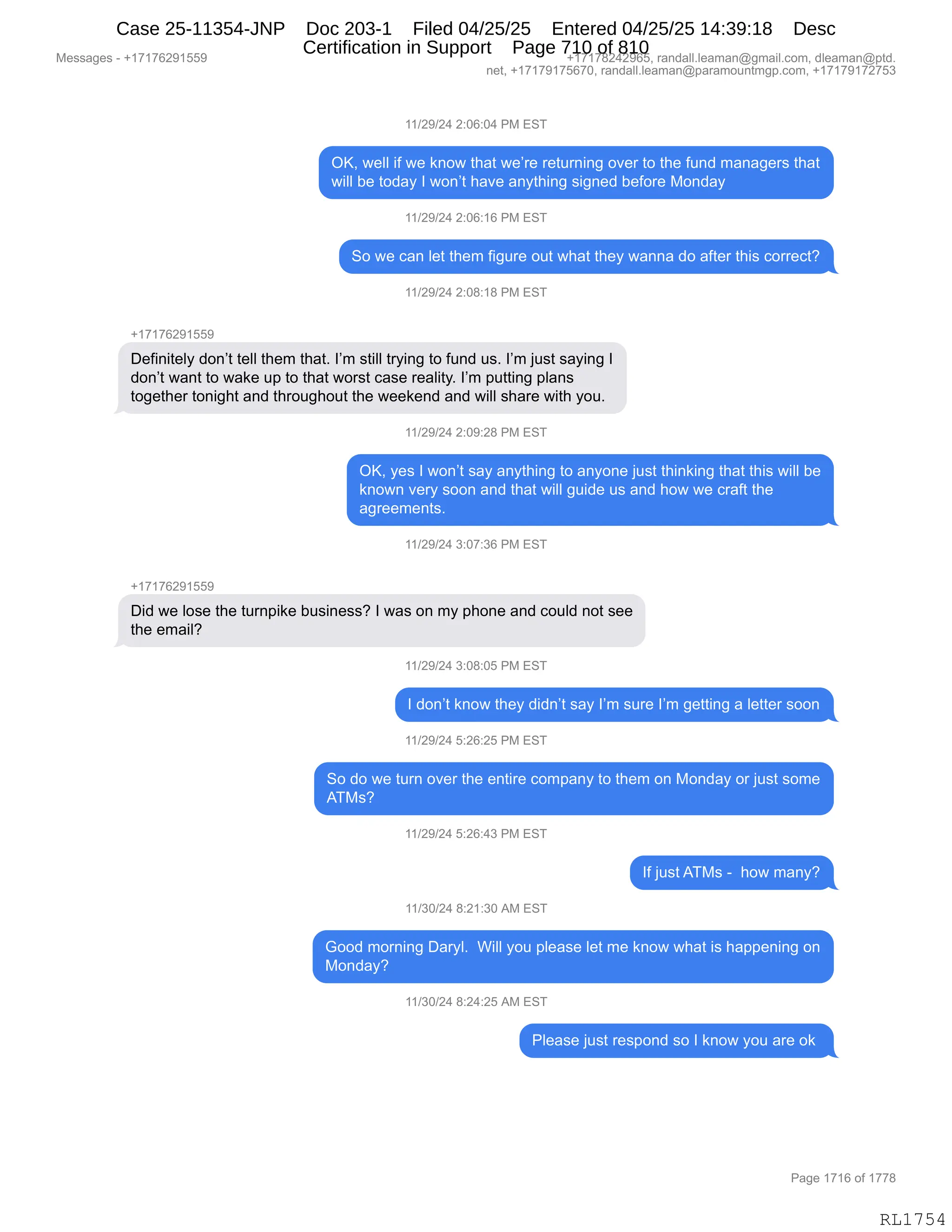 Daryl Heller Bankruptcy Court Filing (text messages and transcripts)