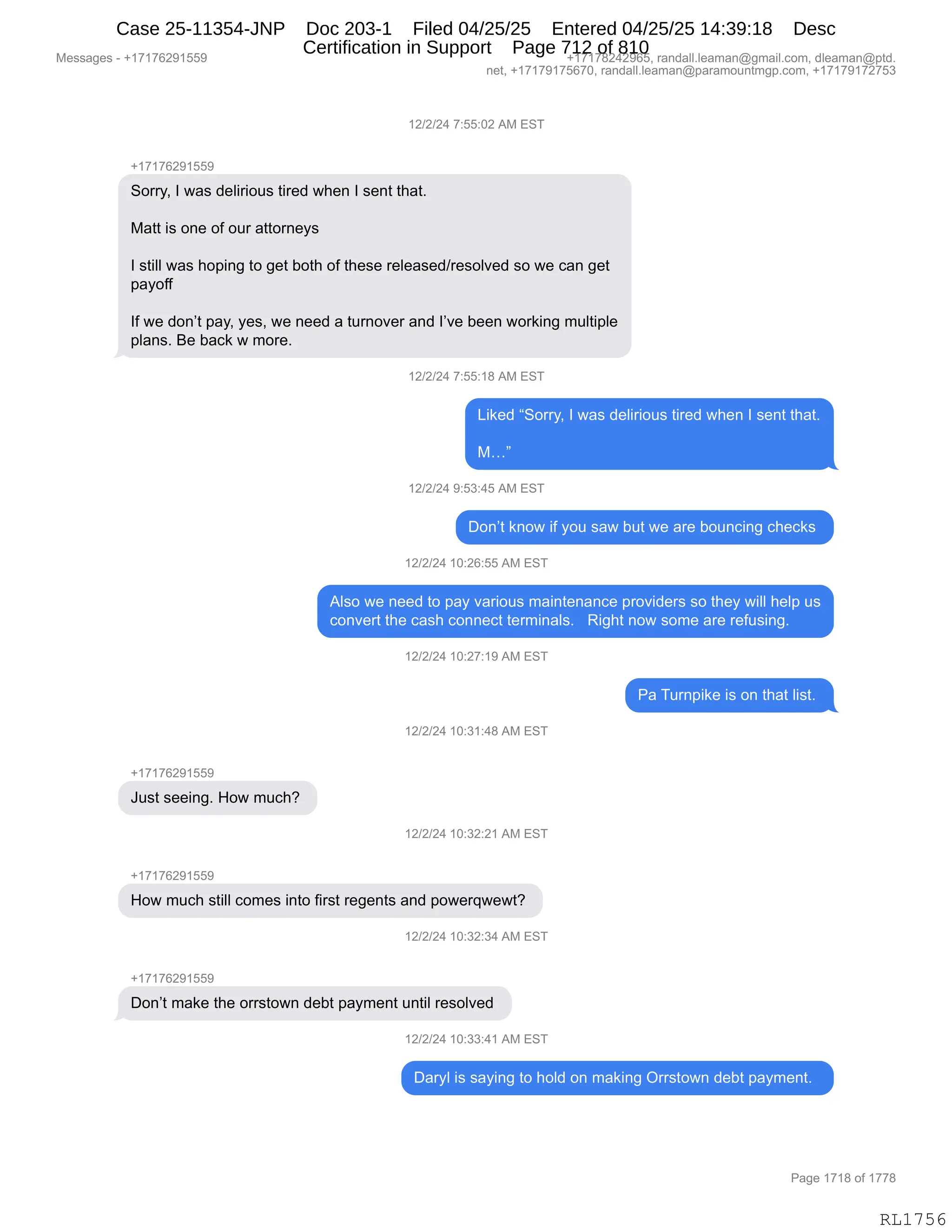 Daryl Heller Bankruptcy Court Filing (text messages and transcripts)