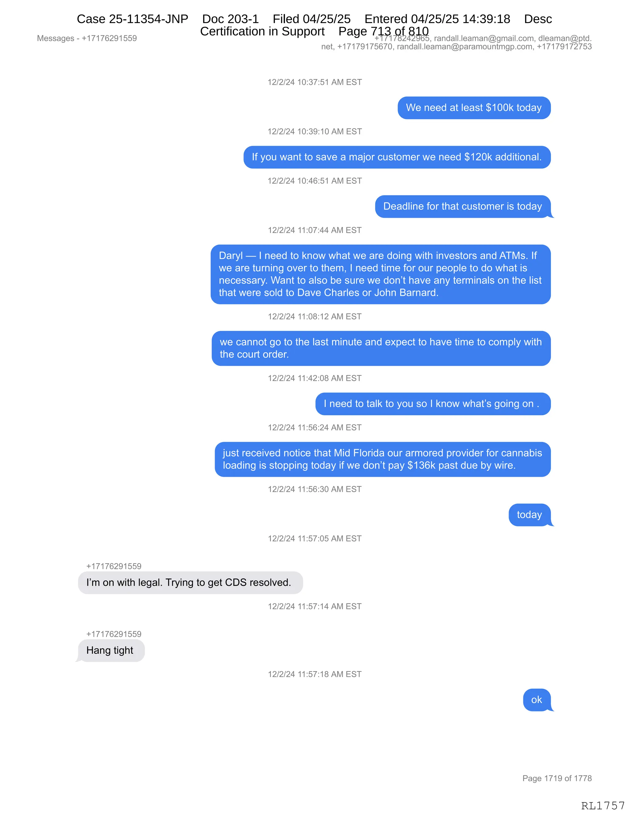 Daryl Heller Bankruptcy Court Filing (text messages and transcripts)