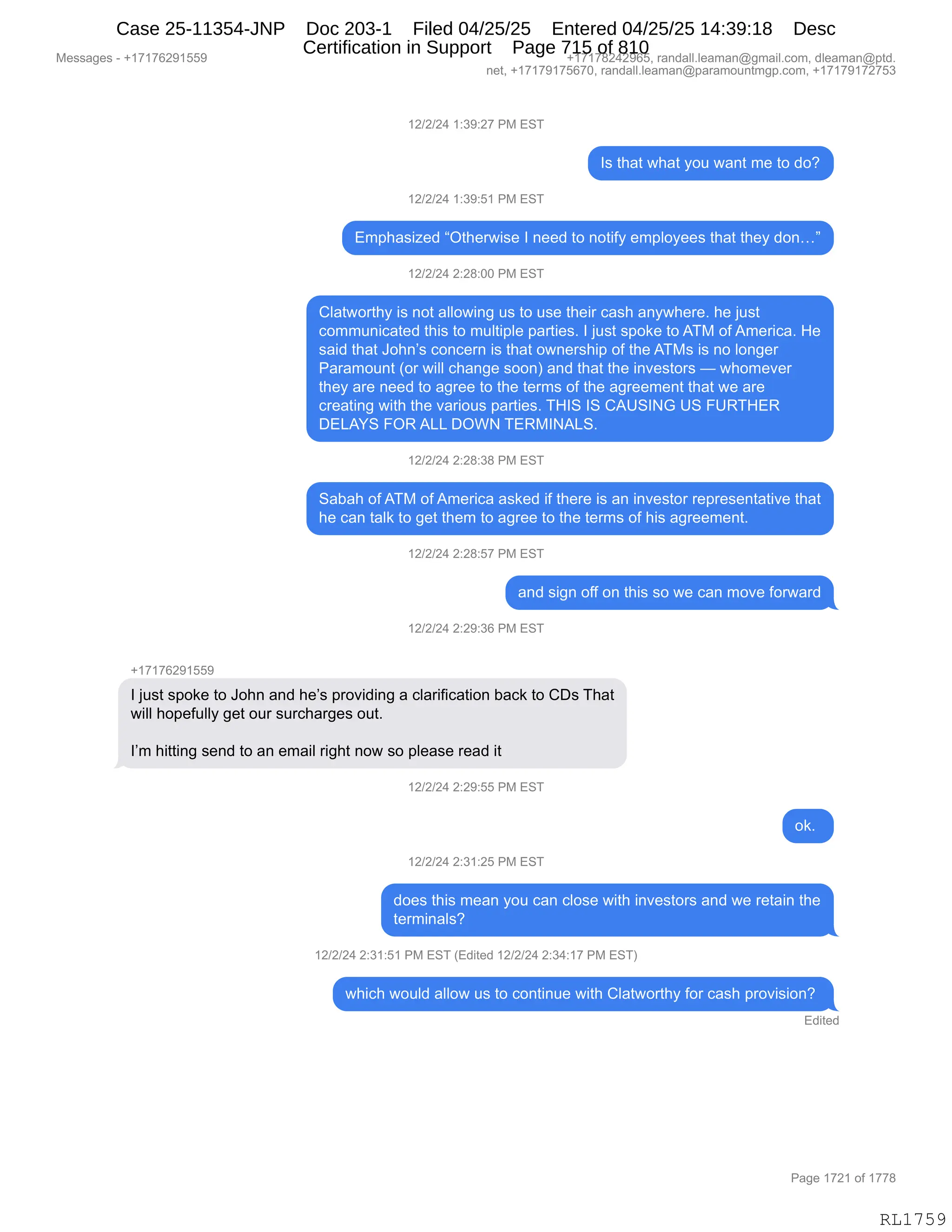 Daryl Heller Bankruptcy Court Filing (text messages and transcripts)