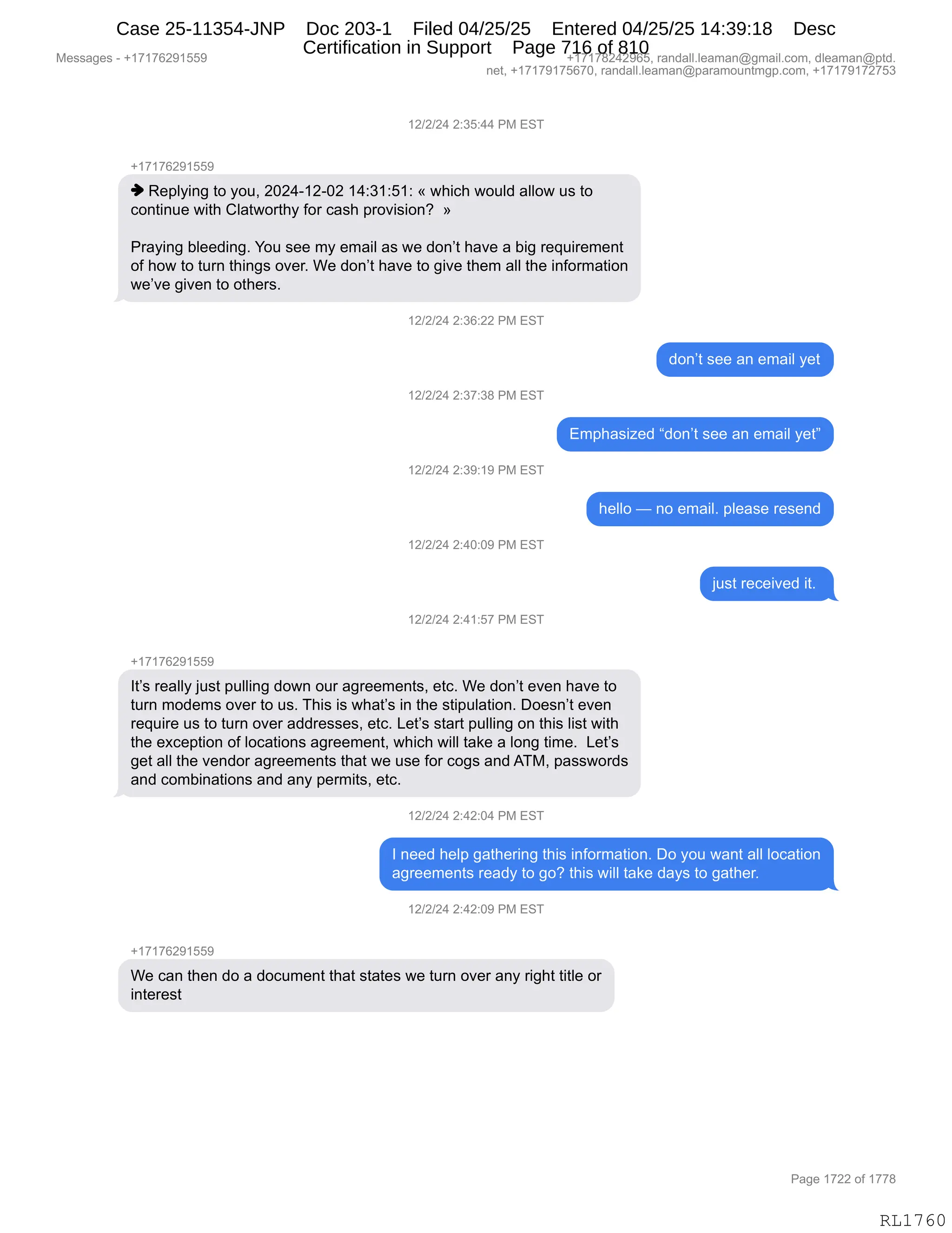 Daryl Heller Bankruptcy Court Filing (text messages and transcripts)