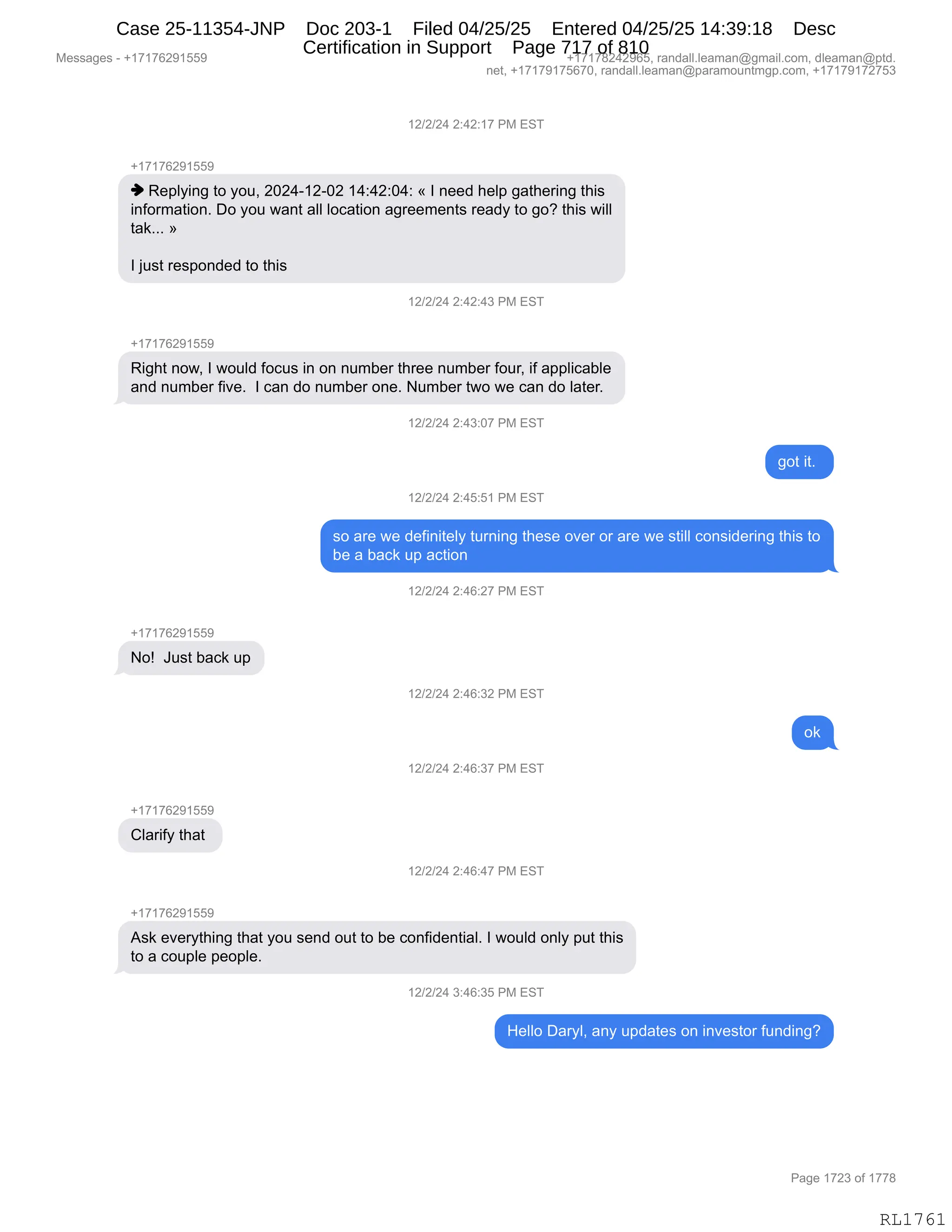 Daryl Heller Bankruptcy Court Filing (text messages and transcripts)