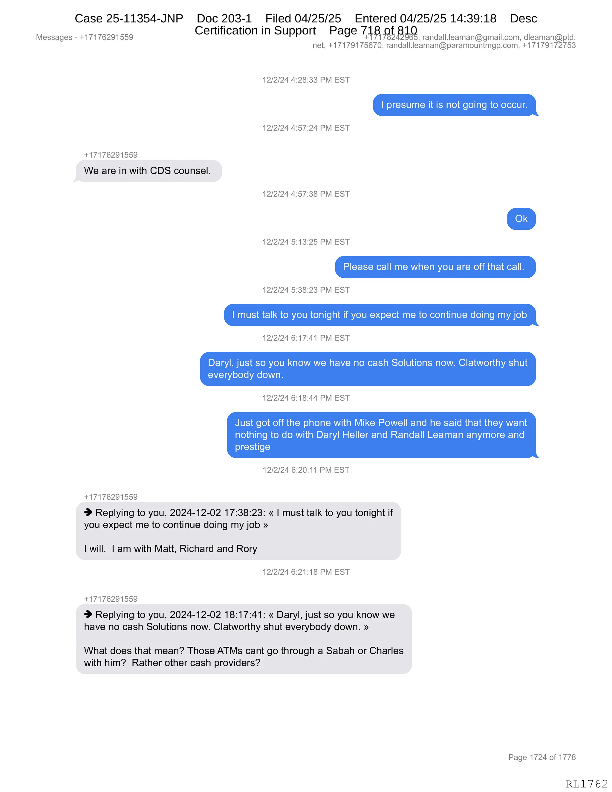 Daryl Heller Bankruptcy Court Filing (text messages and transcripts)