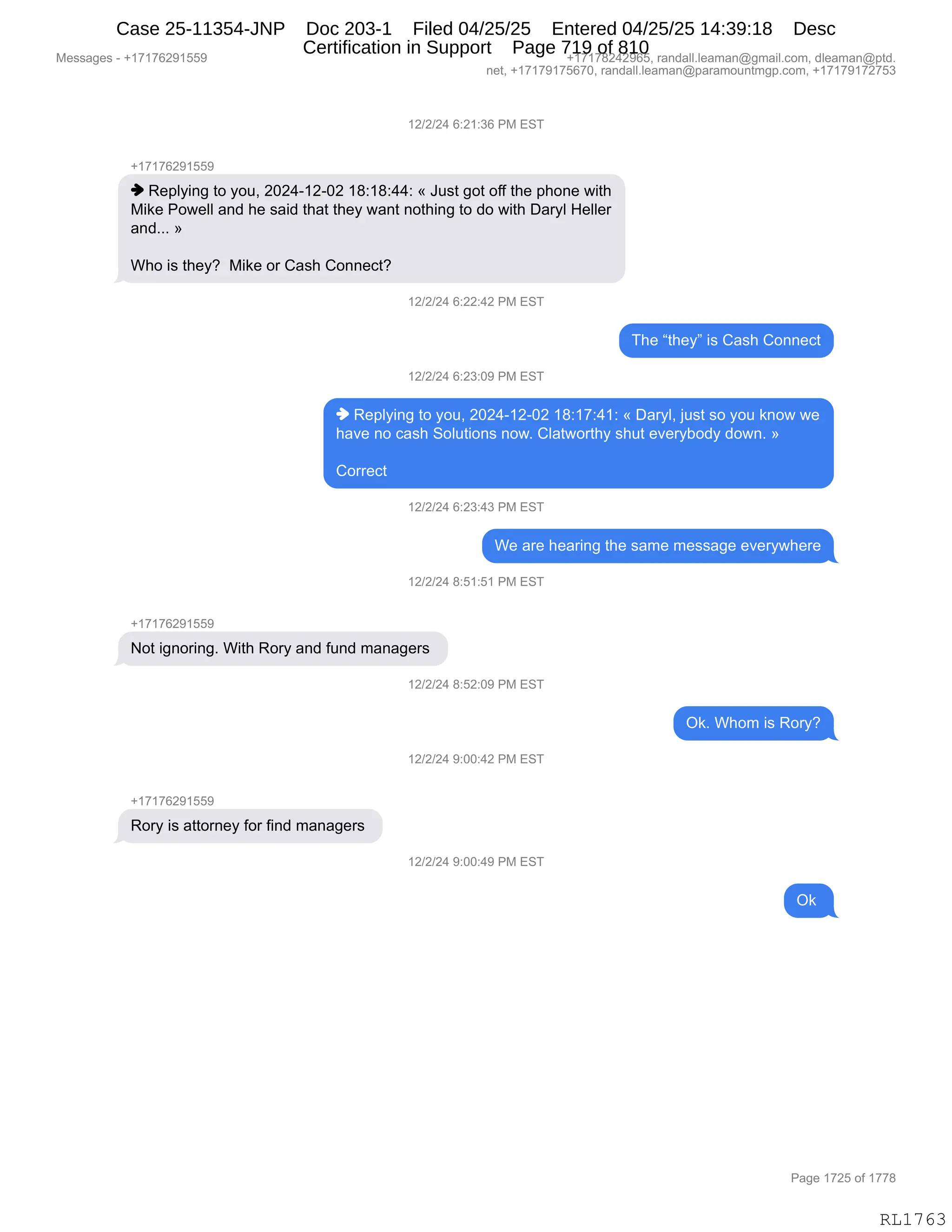 Daryl Heller Bankruptcy Court Filing (text messages and transcripts)