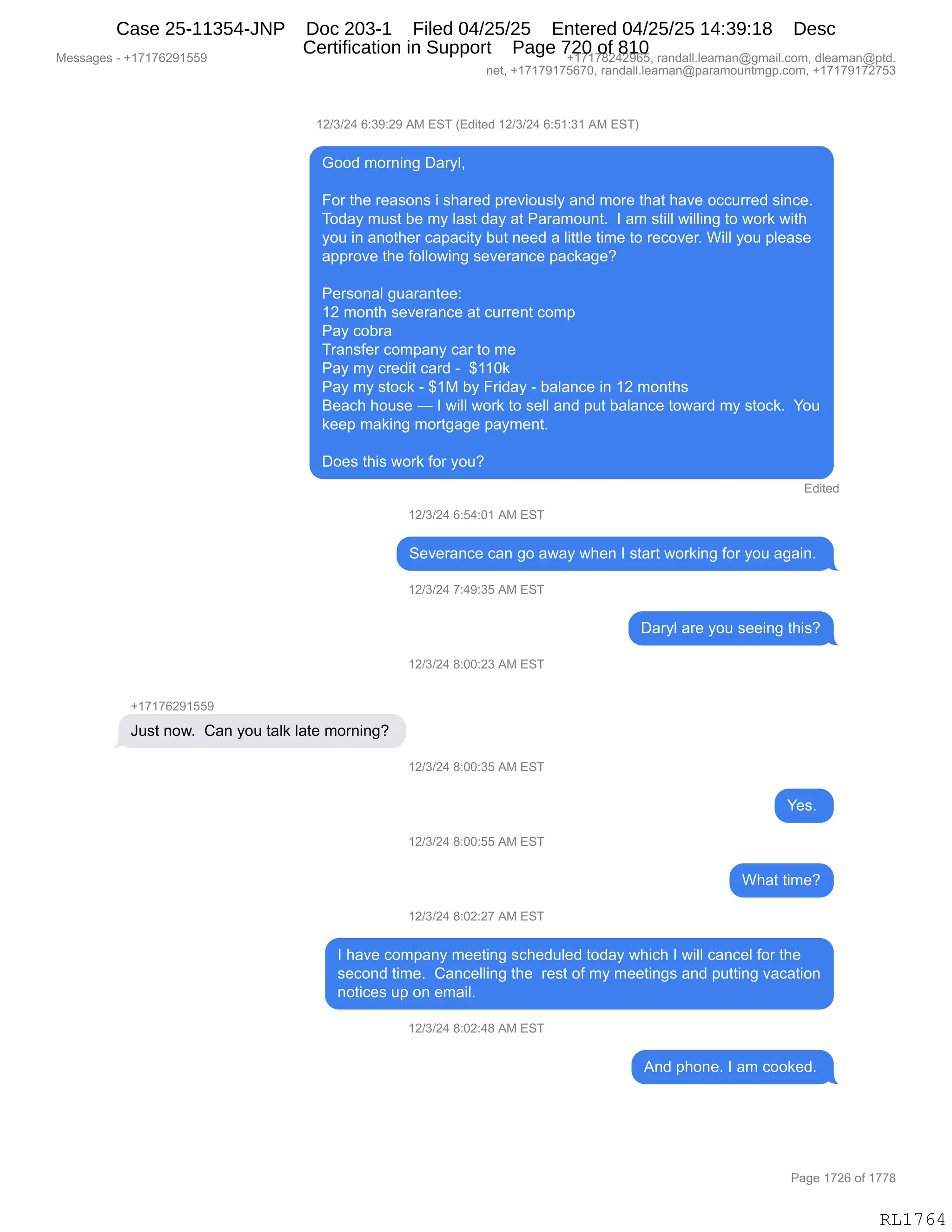 Daryl Heller Bankruptcy Court Filing (text messages and transcripts)