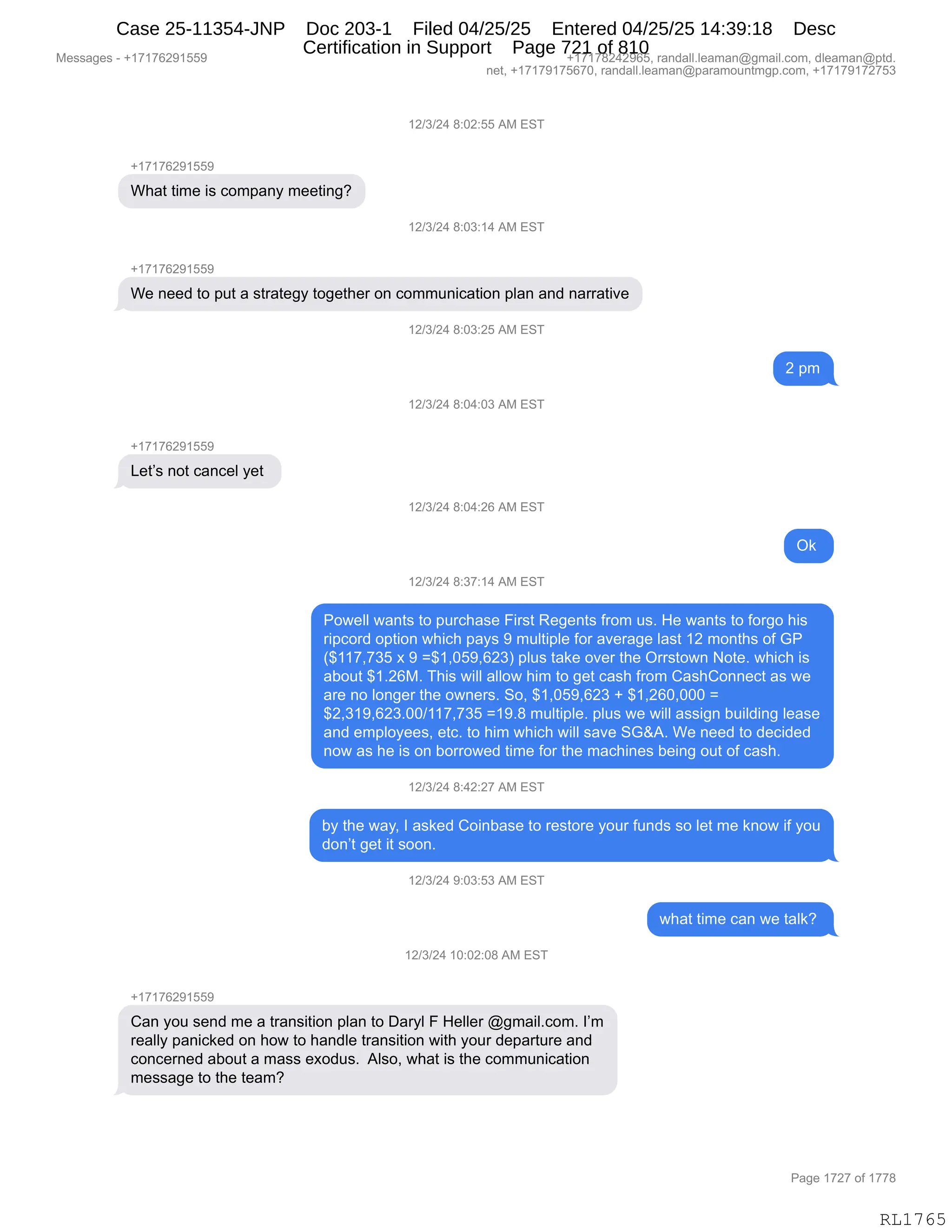 Daryl Heller Bankruptcy Court Filing (text messages and transcripts)