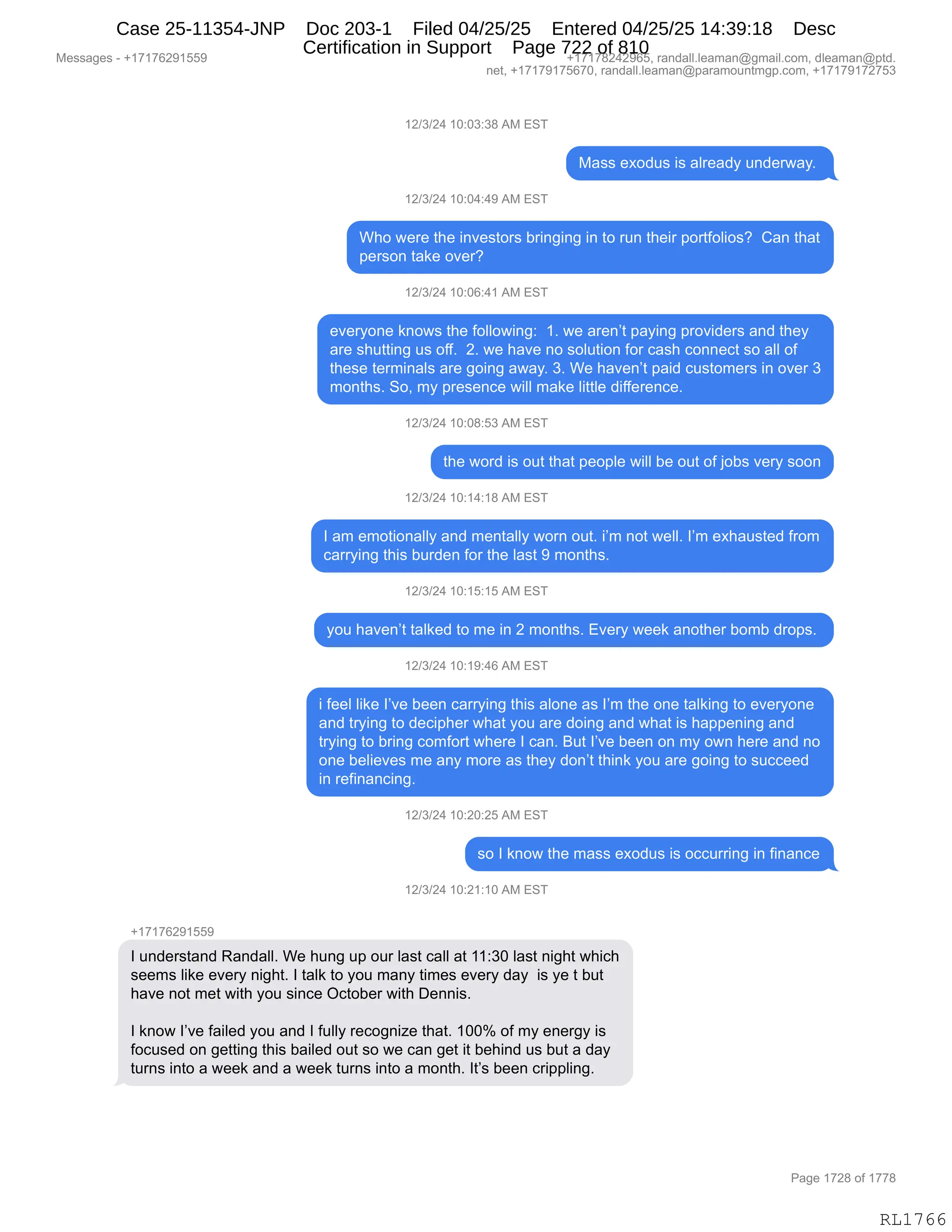 Daryl Heller Bankruptcy Court Filing (text messages and transcripts)