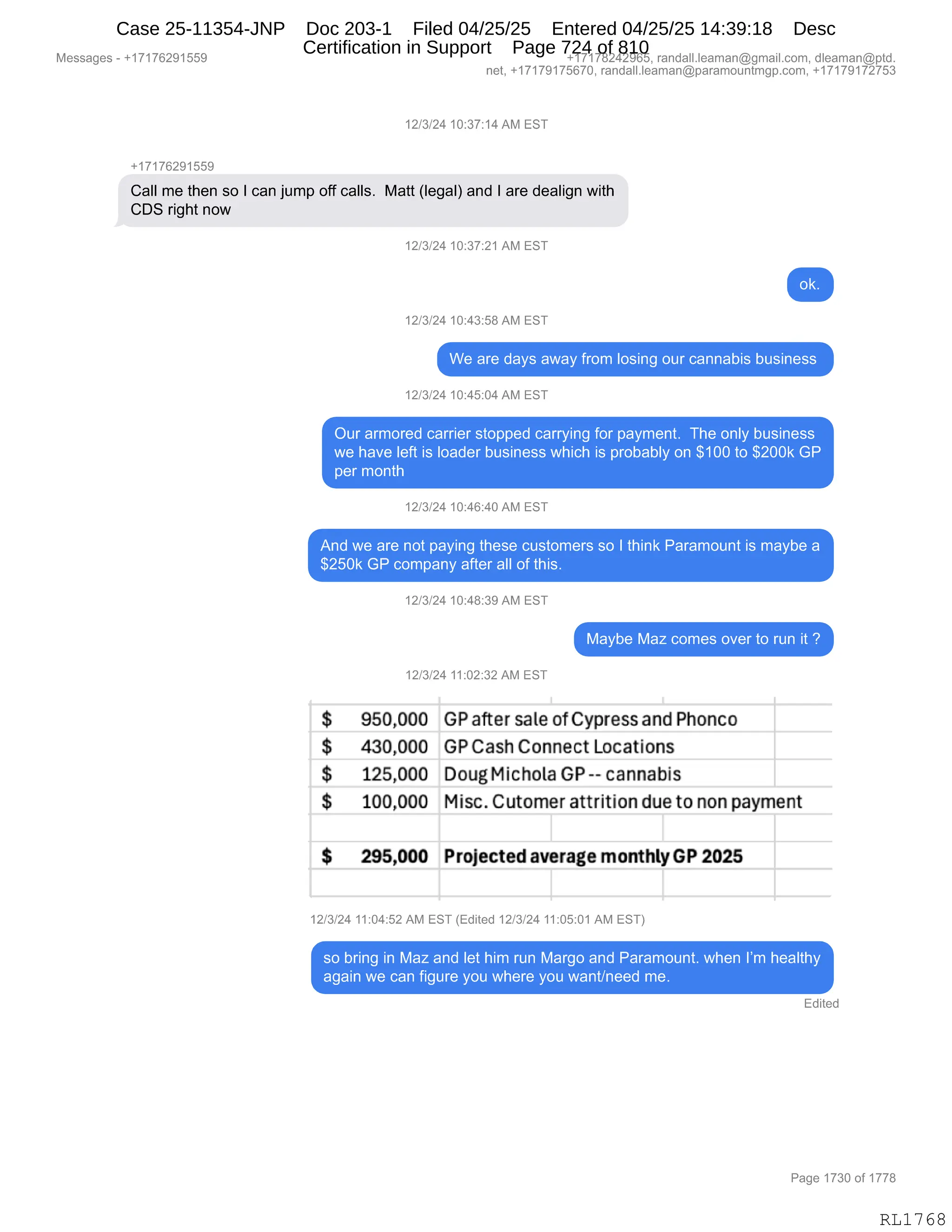 Daryl Heller Bankruptcy Court Filing (text messages and transcripts)