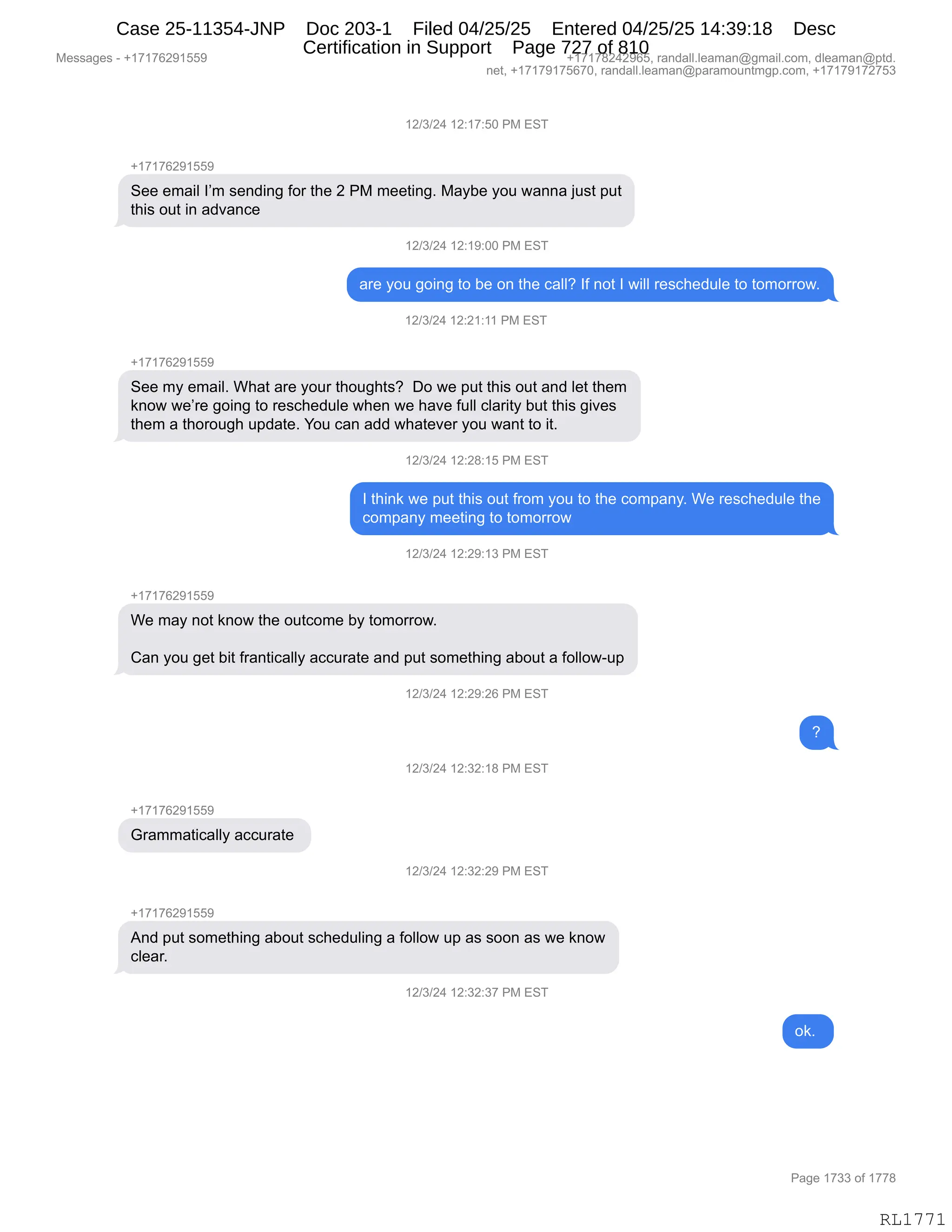 Daryl Heller Bankruptcy Court Filing (text messages and transcripts)