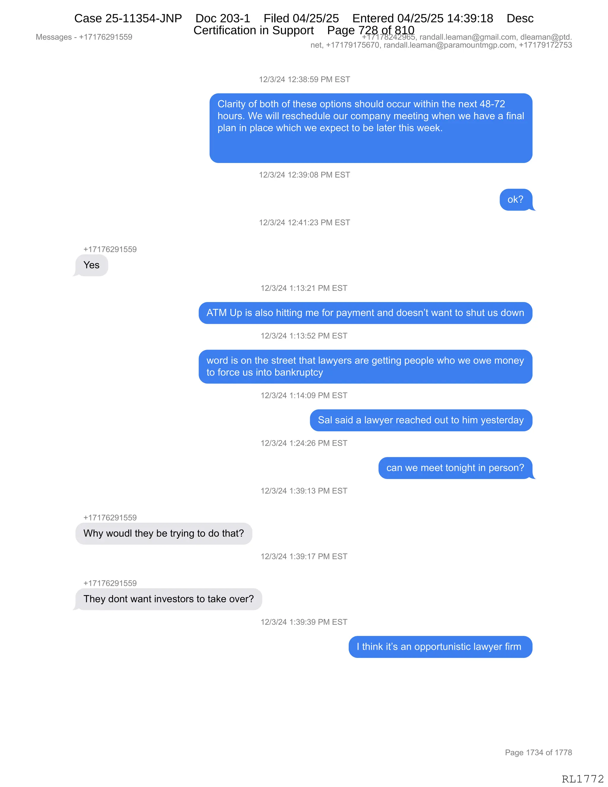 Daryl Heller Bankruptcy Court Filing (text messages and transcripts)