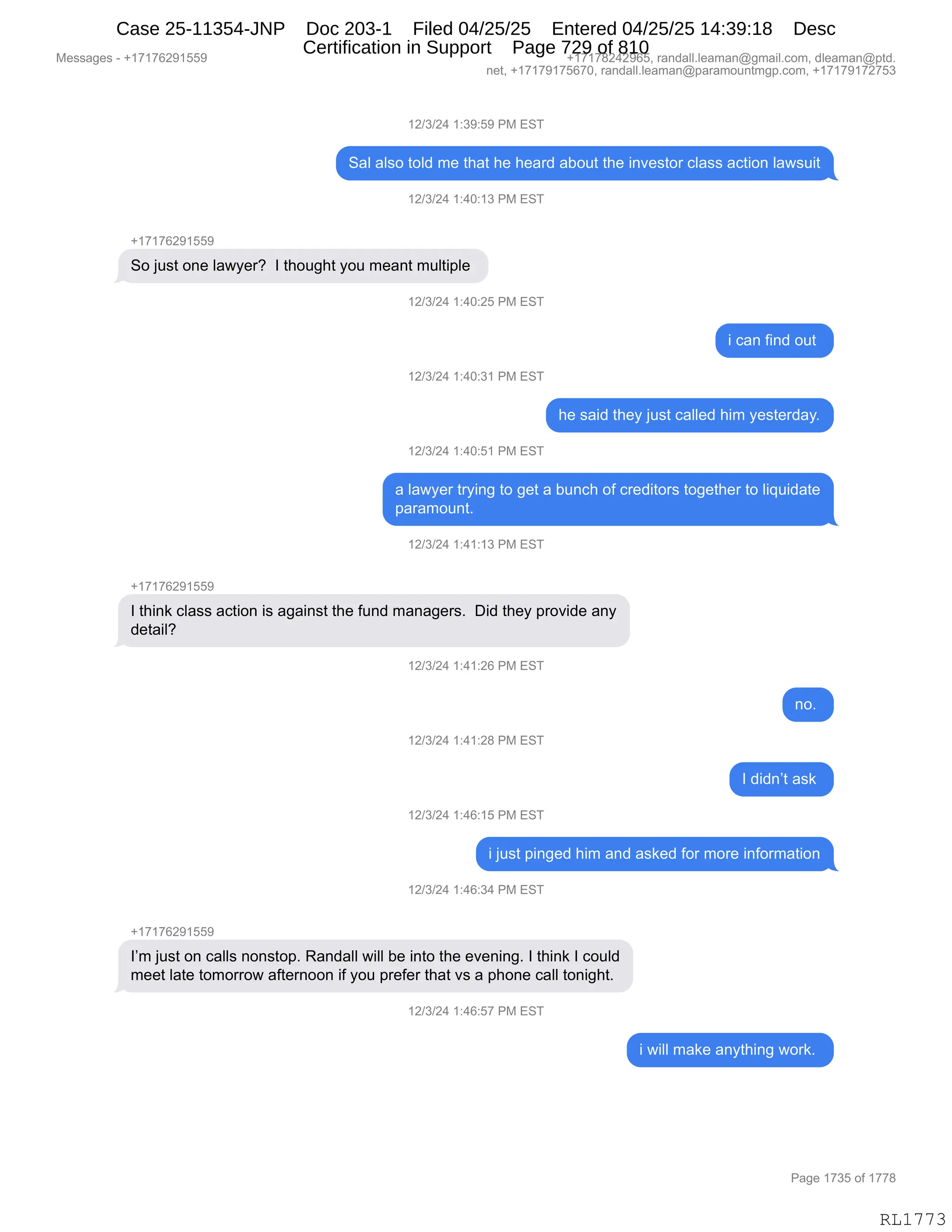 Daryl Heller Bankruptcy Court Filing (text messages and transcripts)