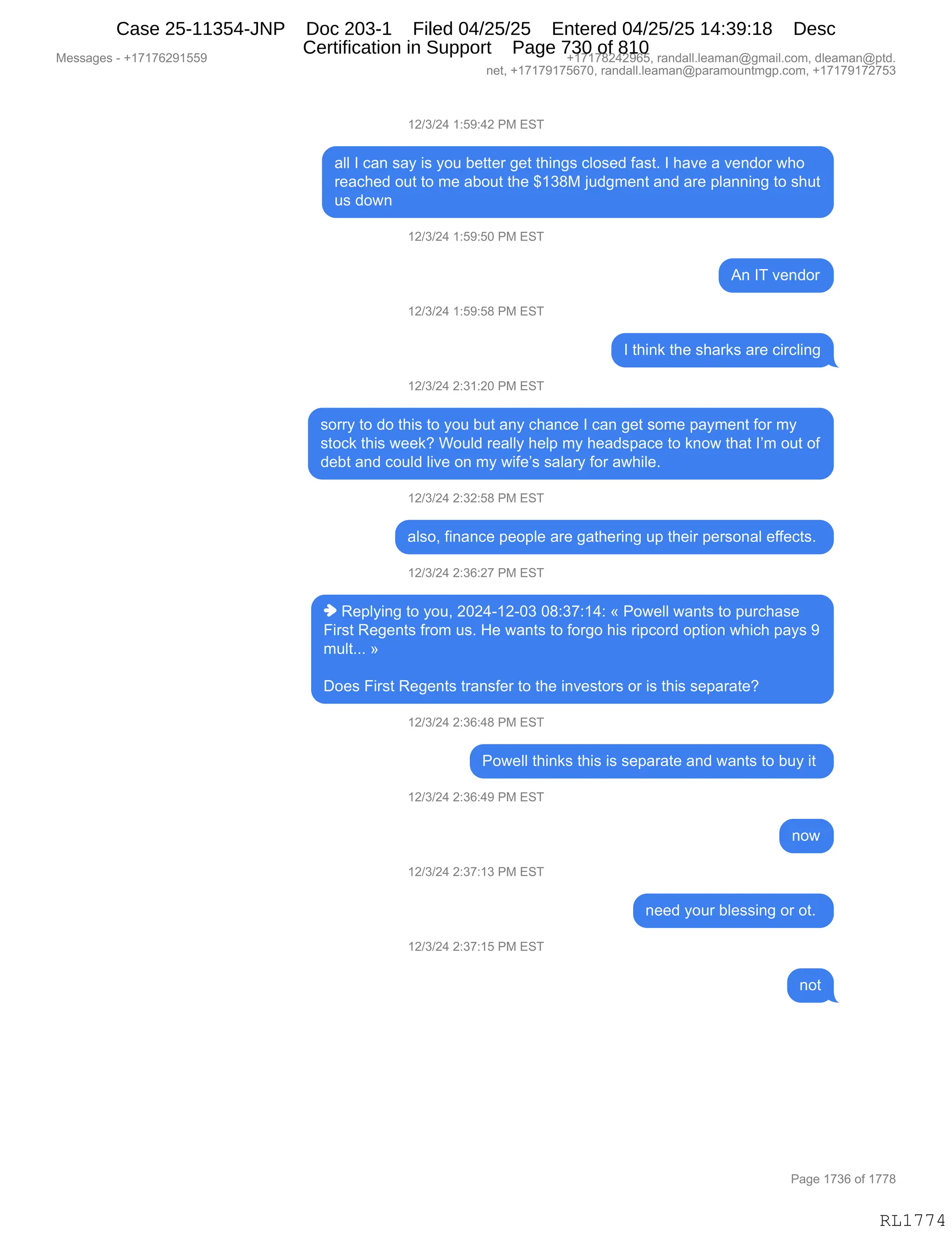 Daryl Heller Bankruptcy Court Filing (text messages and transcripts)