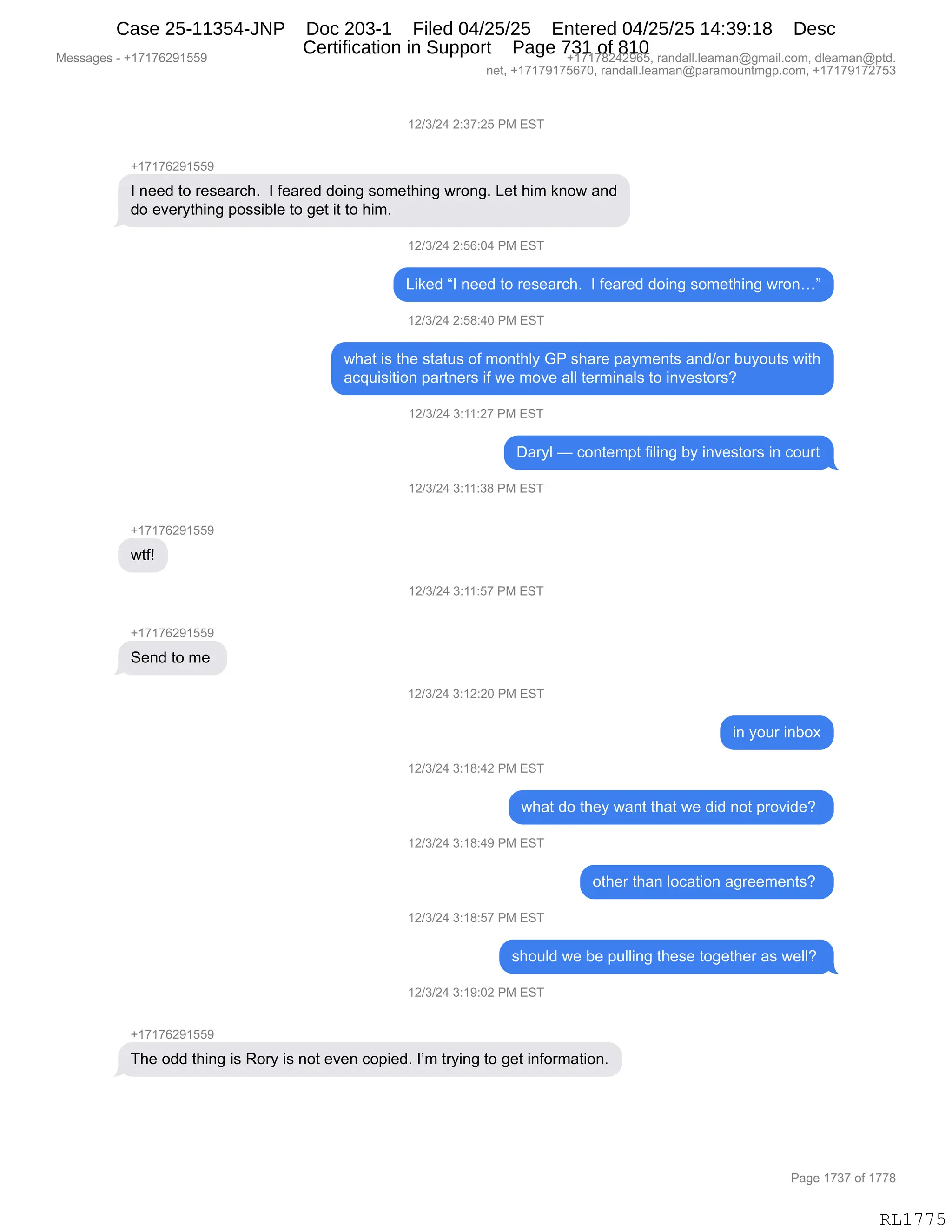 Daryl Heller Bankruptcy Court Filing (text messages and transcripts)