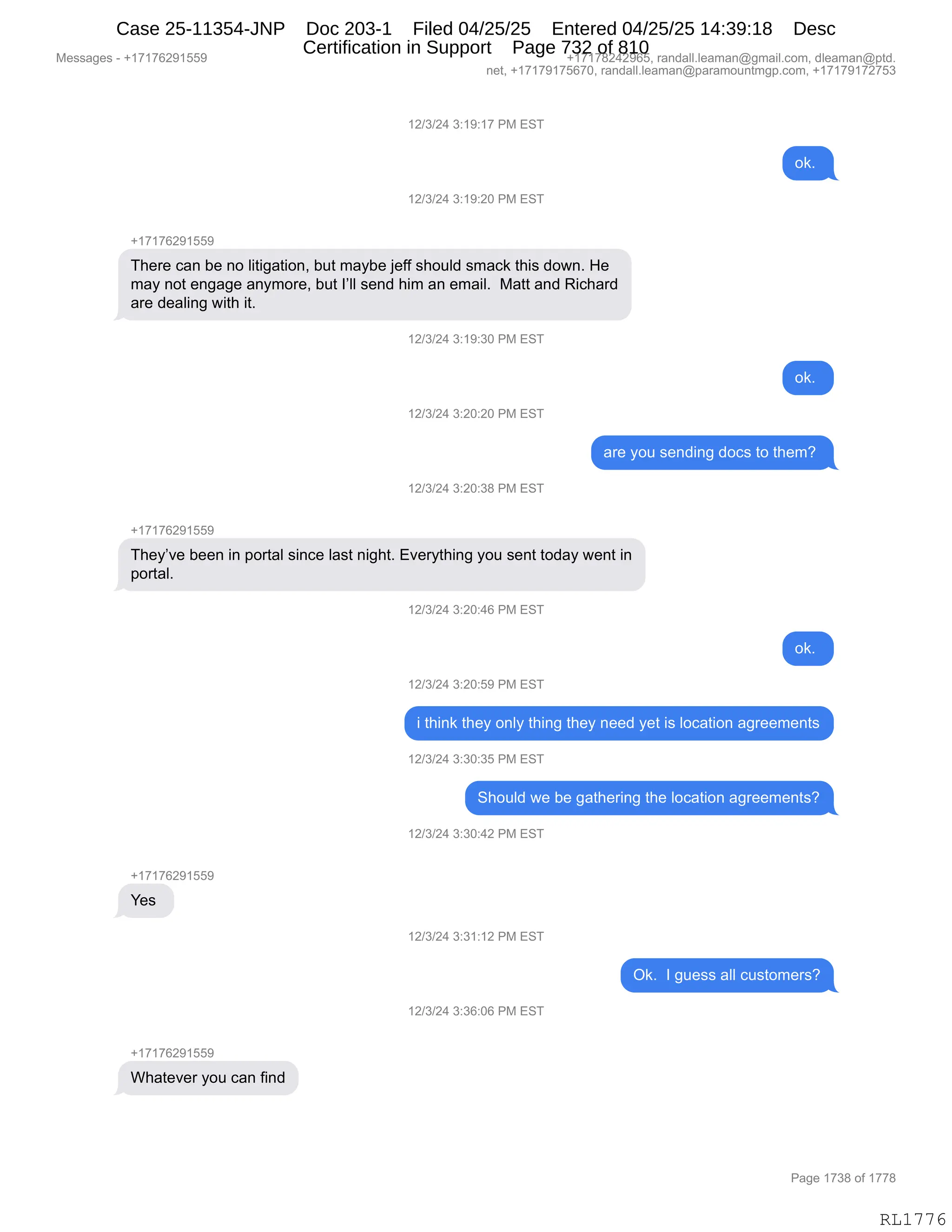 Daryl Heller Bankruptcy Court Filing (text messages and transcripts)