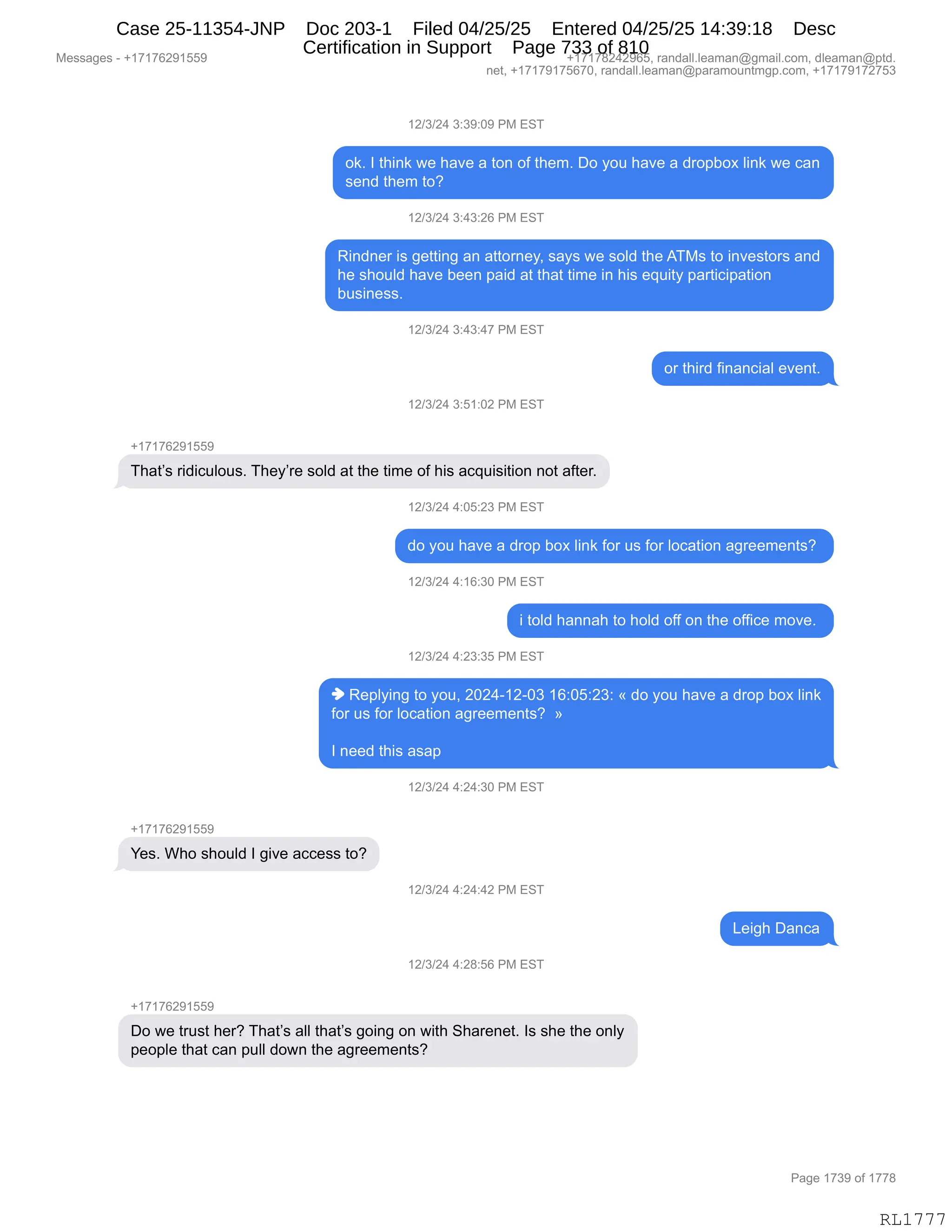 Daryl Heller Bankruptcy Court Filing (text messages and transcripts)