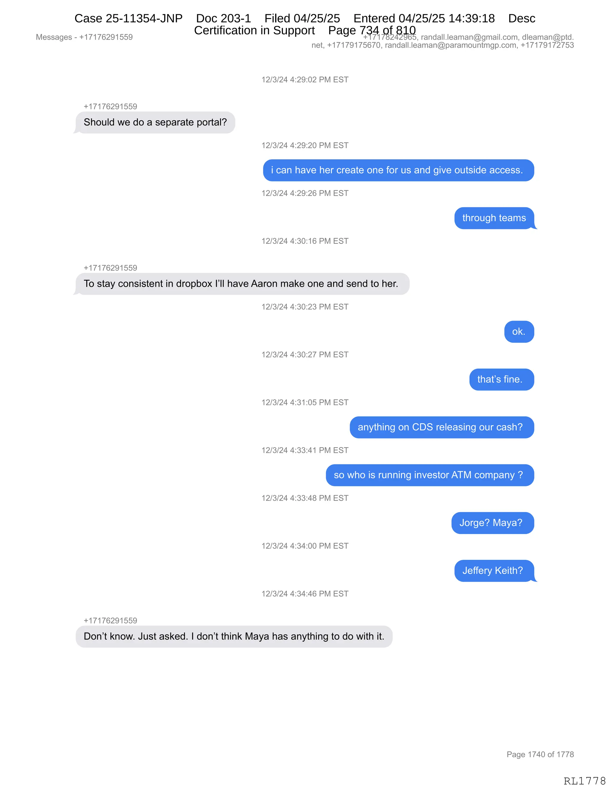 Daryl Heller Bankruptcy Court Filing (text messages and transcripts)