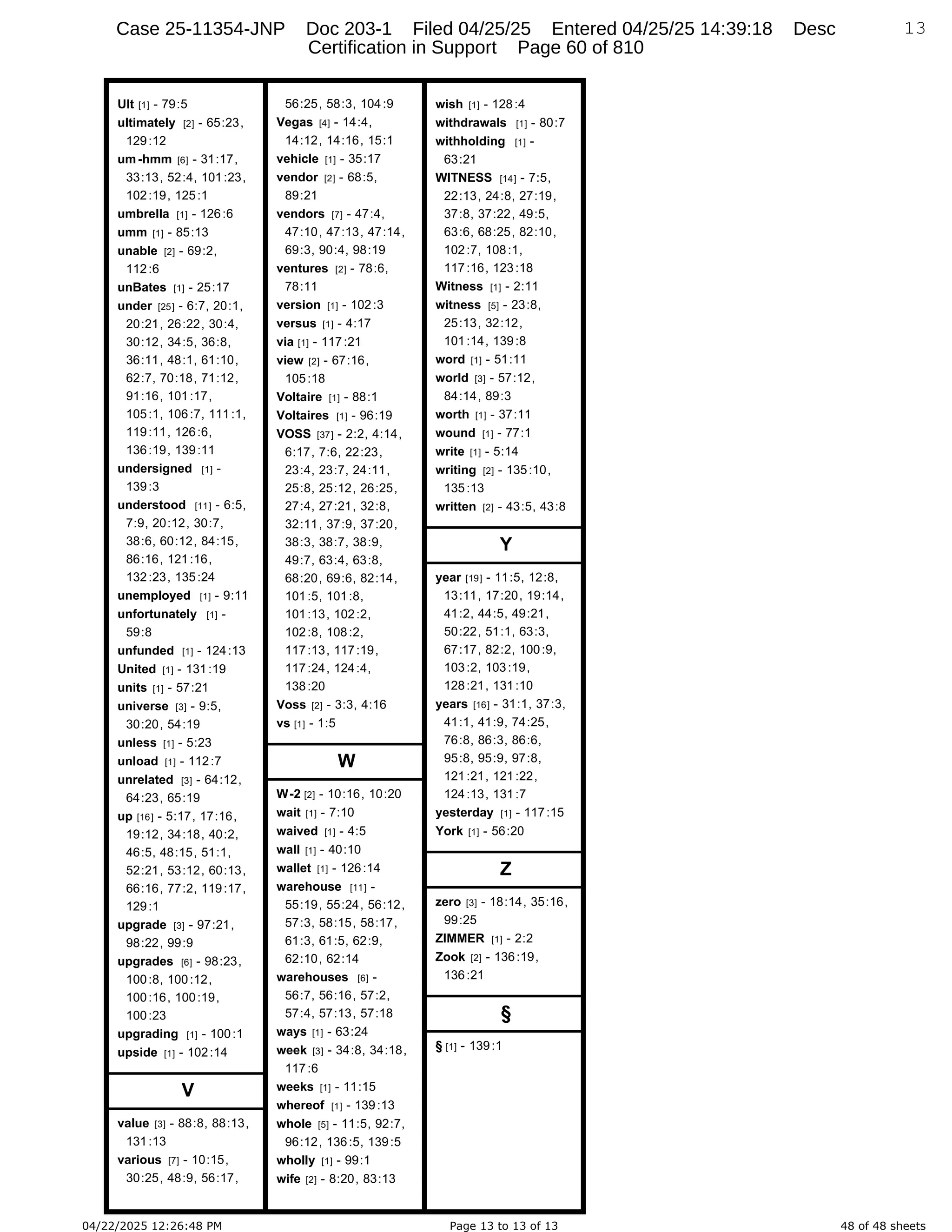 04/22/2025 12:26:48 PM Page 13 to 13 of 13 48 of 48 sheets
Ult [1] - 79:5
ultimately [2] - 65:23,
129:12
um-hmm [6] - 31:17,
33:13, 52:4, 101:23,
102:19, 125:1
umbrella [1] - 126:6
umm [1] - 85:13
unable [2] - 69:2,
112:6
unBates [1] - 25:17
under [25] - 6:7, 20:1,
20:21, 26:22, 30:4,
30:12, 34:5, 36:8,
36:11, 48:1, 61:10,
62:7, 70:18, 71:12,
91:16, 101:17,
105:1, 106:7, 111:1,
119:11, 126:6,
136:19, 139:11
undersigned [1] -
139:3
understood [11] - 6:5,
7:9, 20:12, 30:7,
38:6, 60:12, 84:15,
86:16, 121:16,
132:23, 135:24
unemployed [1] - 9:11
unfortunately [1] -
59:8
unfunded [1] - 124:13
United [1] - 131:19
units [1] - 57:21
universe [3] - 9:5,
30:20, 54:19
unless [1] - 5:23
unload [1] - 112:7
unrelated [3] - 64:12,
64:23, 65:19
up [16] - 5:17, 17:16,
19:12, 34:18, 40:2,
46:5, 48:15, 51:1,
52:21, 53:12, 60:13,
66:16, 77:2, 119:17,
129:1
upgrade [3] - 97:21,
98:22, 99:9
upgrades [6] - 98:23,
100:8, 100:12,
100:16, 100:19,
100:23
upgrading [1] - 100:1
upside [1] - 102:14
V
value [3] - 88:8, 88:13,
131:13
various [7] - 10:15,
30:25, 48:9, 56:17,
56:25, 58:3, 104:9
Vegas [4] - 14:4,
14:12, 14:16, 15:1
vehicle [1] - 35:17
vendor [2] - 68:5,
89:21
vendors [7] - 47:4,
47:10, 47:13, 47:14,
69:3, 90:4, 98:19
ventures [2] - 78:6,
78:11
version [1] - 102:3
versus [1] - 4:17
via [1] - 117:21
view [2] - 67:16,
105:18
Voltaire [1] - 88:1
Voltaires [1] - 96:19
VOSS [37] - 2:2, 4:14,
6:17, 7:6, 22:23,
23:4, 23:7, 24:11,
25:8, 25:12, 26:25,
27:4, 27:21, 32:8,
32:11, 37:9, 37:20,
38:3, 38:7, 38:9,
49:7, 63:4, 63:8,
68:20, 69:6, 82:14,
101:5, 101:8,
101:13, 102:2,
102:8, 108:2,
117:13, 117:19,
117:24, 124:4,
138:20
Voss [2] - 3:3, 4:16
vs [1] - 1:5
W
W-2 [2] - 10:16, 10:20
wait [1] - 7:10
waived [1] - 4:5
wall [1] - 40:10
wallet [1] - 126:14
warehouse [11] -
55:19, 55:24, 56:12,
57:3, 58:15, 58:17,
61:3, 61:5, 62:9,
62:10, 62:14
warehouses [6] -
56:7, 56:16, 57:2,
57:4, 57:13, 57:18
ways [1] - 63:24
week [3] - 34:8, 34:18,
117:6
weeks [1] - 11:15
whereof [1] - 139:13
whole [5] - 11:5, 92:7,
96:12, 136:5, 139:5
wholly [1] - 99:1
wife [2] - 8:20, 83:13
13
wish [1] - 128:4
withdrawals [1] - 80:7
withholding [1] -
63:21
WITNESS [14] - 7:5,
22:13, 24:8, 27:19,
37:8, 37:22, 49:5,
63:6, 68:25, 82:10,
102:7, 108:1,
117:16, 123:18
Witness [1] - 2:11
witness [5] - 23:8,
25:13, 32:12,
101:14, 139:8
word [1] - 51:11
world [3] - 57:12,
84:14, 89:3
worth [1] - 37:11
wound [1] - 77:1
write [1] - 5:14
writing [2] - 135:10,
135:13
written [2] - 43:5, 43:8
Y
year [19] - 11:5, 12:8,
13:11, 17:20, 19:14,
41:2, 44:5, 49:21,
50:22, 51:1, 63:3,
67:17, 82:2, 100:9,
103:2, 103:19,
128:21, 131:10
years [16] - 31:1, 37:3,
41:1, 41:9, 74:25,
76:8, 86:3, 86:6,
95:8, 95:9, 97:8,
121:21, 121:22,
124:13, 131:7
yesterday [1] - 117:15
York [1] - 56:20
Z
zero [3] - 18:14, 35:16,
99:25
ZIMMER [1] - 2:2
Zook [2] - 136:19,
136:21
§
§ [1] - 139:1
Case 25-11354-JNP Doc 203-1 Filed 04/25/25 Entered 04/25/25 14:39:18 Desc
Certification in Support Page 60 of 810
 