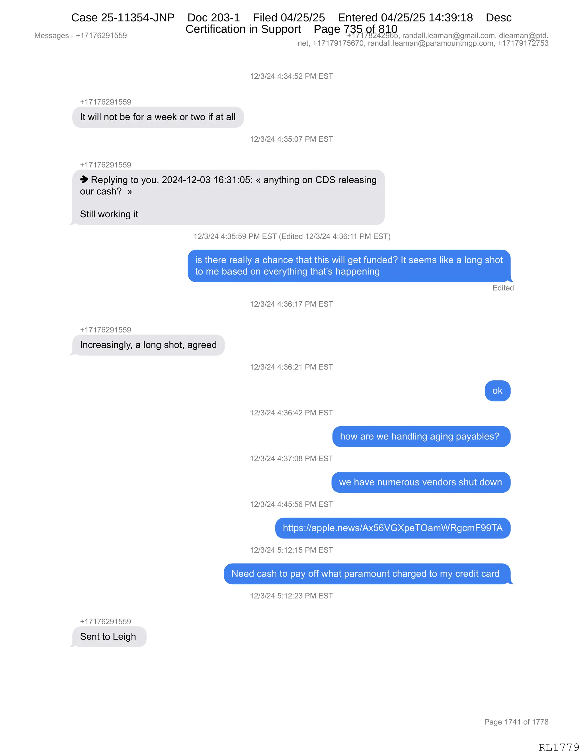 Daryl Heller Bankruptcy Court Filing (text messages and transcripts)